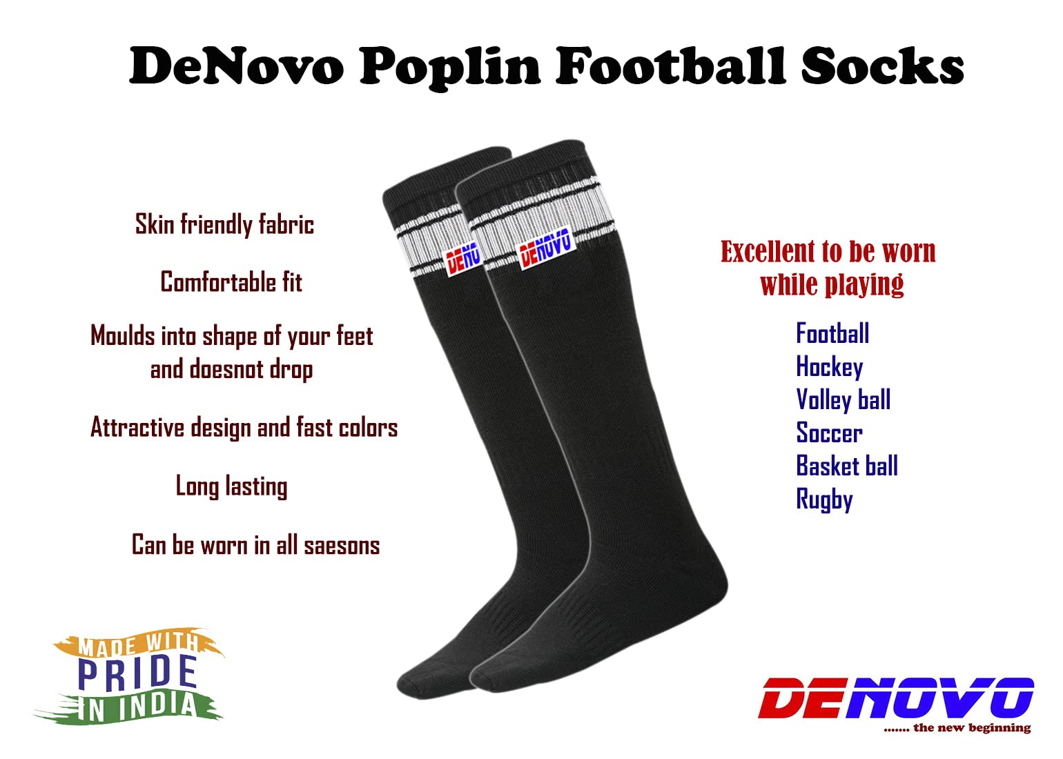 DeNovo New Shin Guard and Poplin Socks Football Kit - Soccer Protective Gear for Youth & Adults - Perfect for Training, Matches, and Football Games