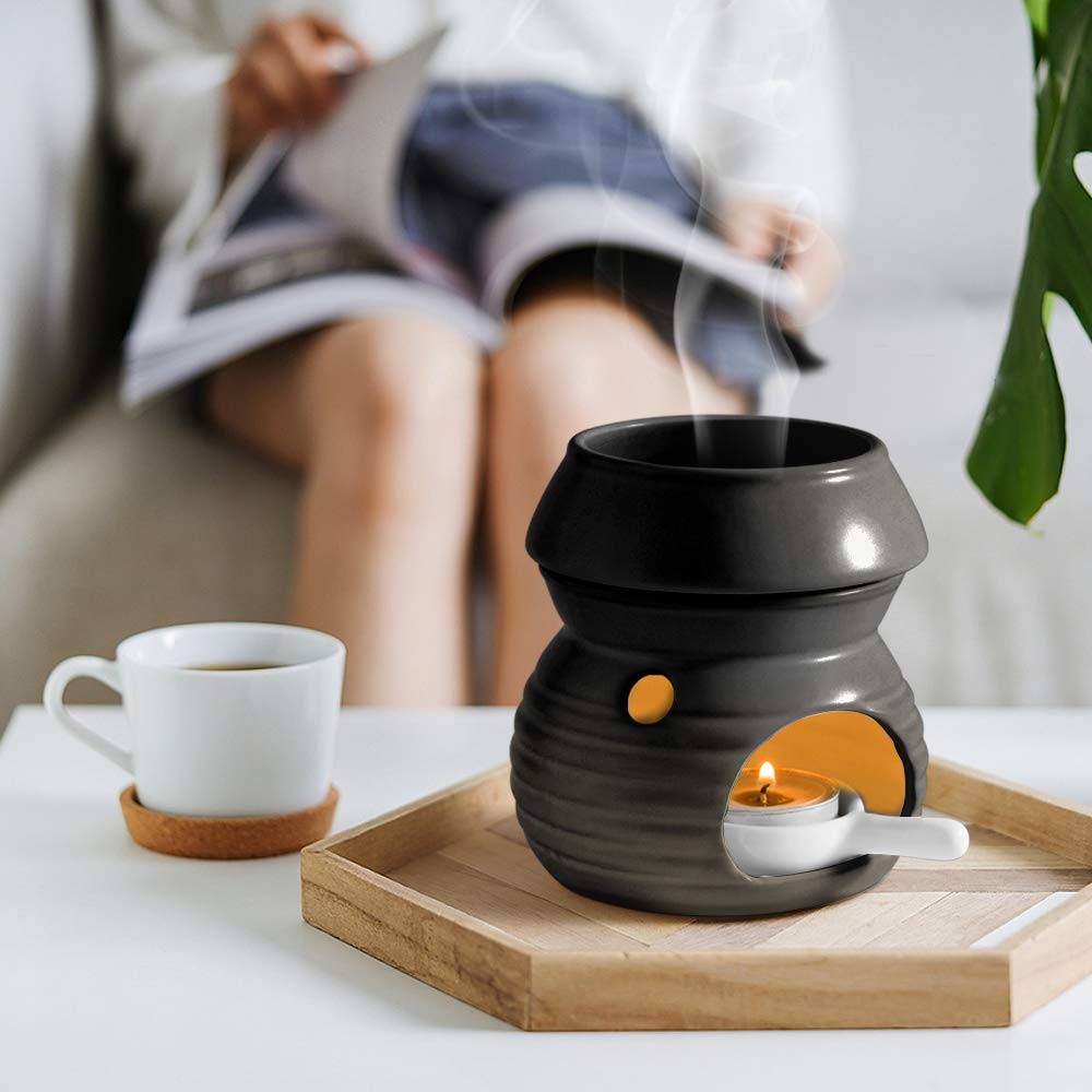 **ComSaf Ceramic Essential Oil Burner & Wax Melt Warmer with Candle Spoon - Aromatherapy Diffuser for Yoga, Spa, Home Decor - Perfect Christmas & Housewarming Gift (Black, 1 Pack)**    *(Use for relaxation, meditation, home fragrance, and creating a cozy ambiance)*