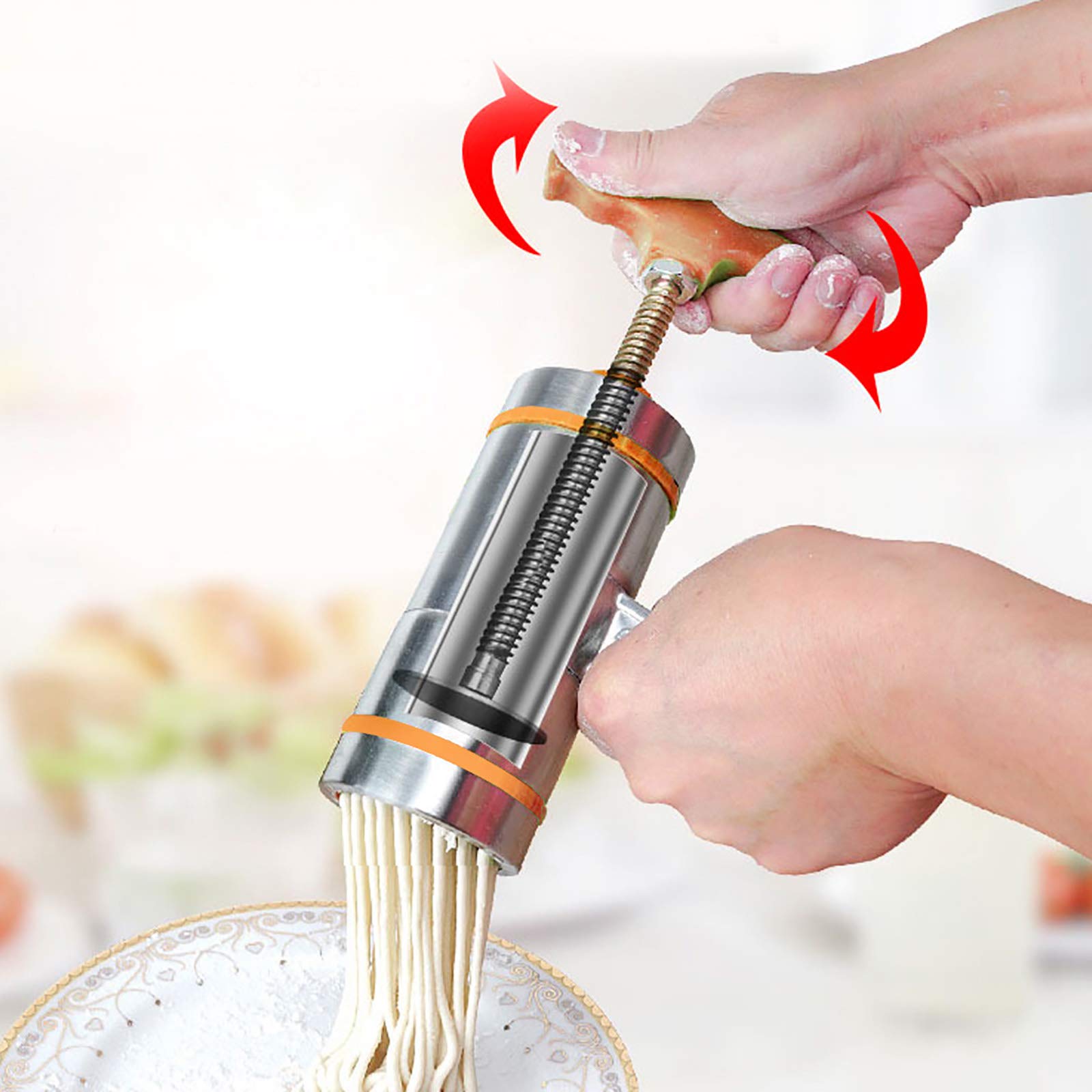 Premium Stainless Steel Manual Pasta Maker Machine with 7 Interchangeable Molds - Handmade Pasta Press for Spaghetti, Fettuccine & More - Perfect for Italian Cuisine, Home Cooking & Restaurant Use