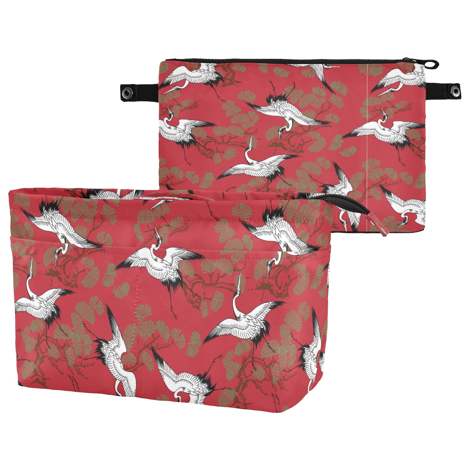 Japanese Crane Red Purse Organizer Insert for Handbags - Multi-Pocket Tote Bag Organizer with Zipper & Handle | Perfect for Travel, Work, and Everyday Use to Keep Essentials Organized