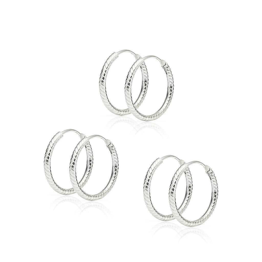Sterling Silver Round Endless Hoop Earrings 10-20mm with Diamond Cut Snake Design - Elegant Dainty Hoops for Women, Perfect for Everyday Wear, Gifts & Special Occasions