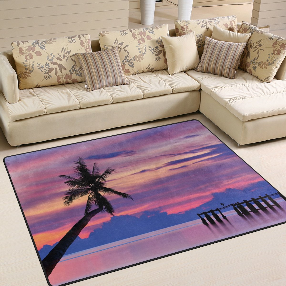 ALAZA Sunset Seascape Palm Tree Area Rug 7' x 5' - Soft Non-Slip Living Room & Bedroom Carpet - Perfect for Beach House Decor, Vacation Home, or Tropical Themed Spaces