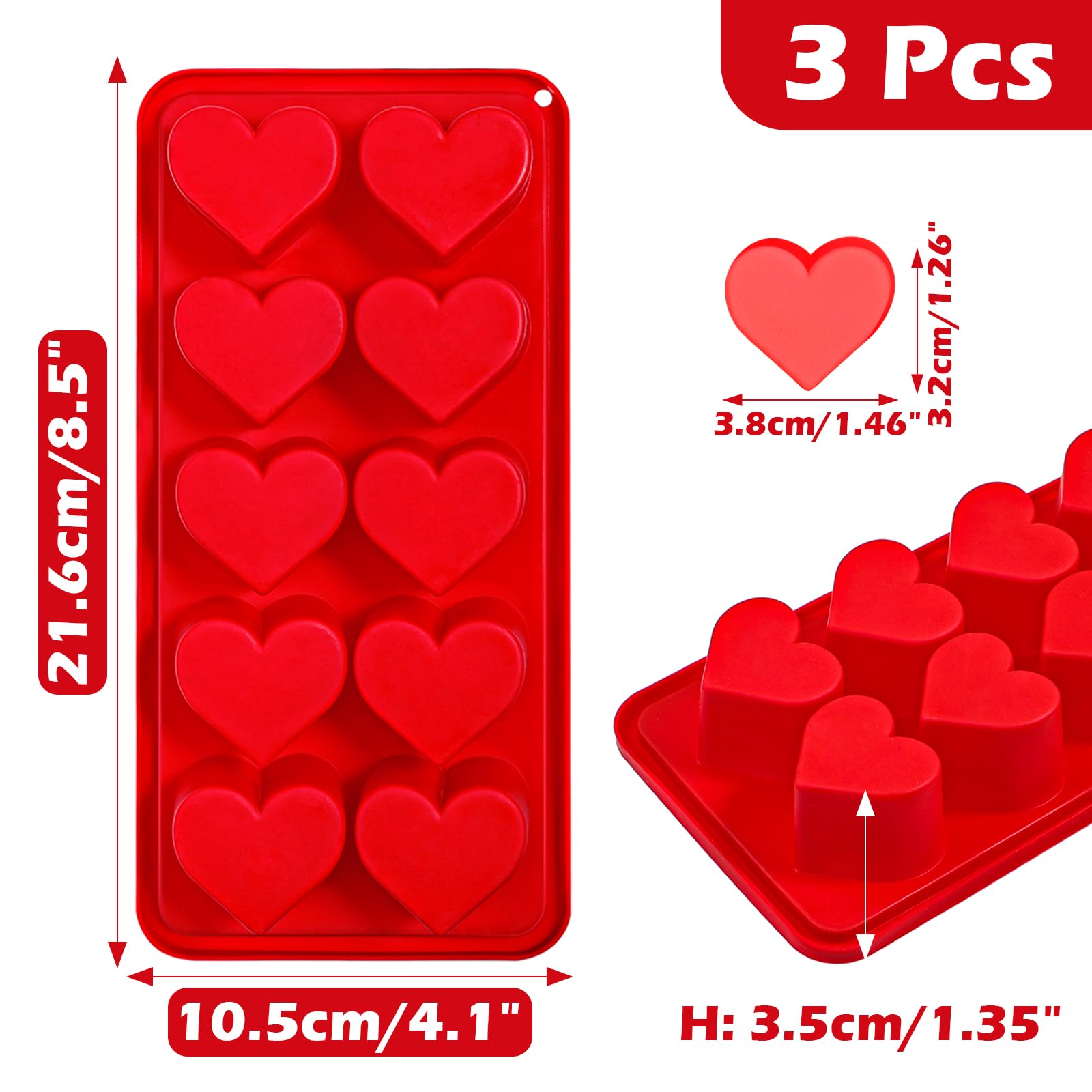 Webake 10-Cavity Heart Shaped Silicone Ice Cube Molds for Chocolate, Candy, Soap - Pink Red Cocktail Ice Trays for Whiskey, Drinks & Party Decorations (3-Pack) - Perfect for Valentine's Day, Weddings & Romantic Date Nights