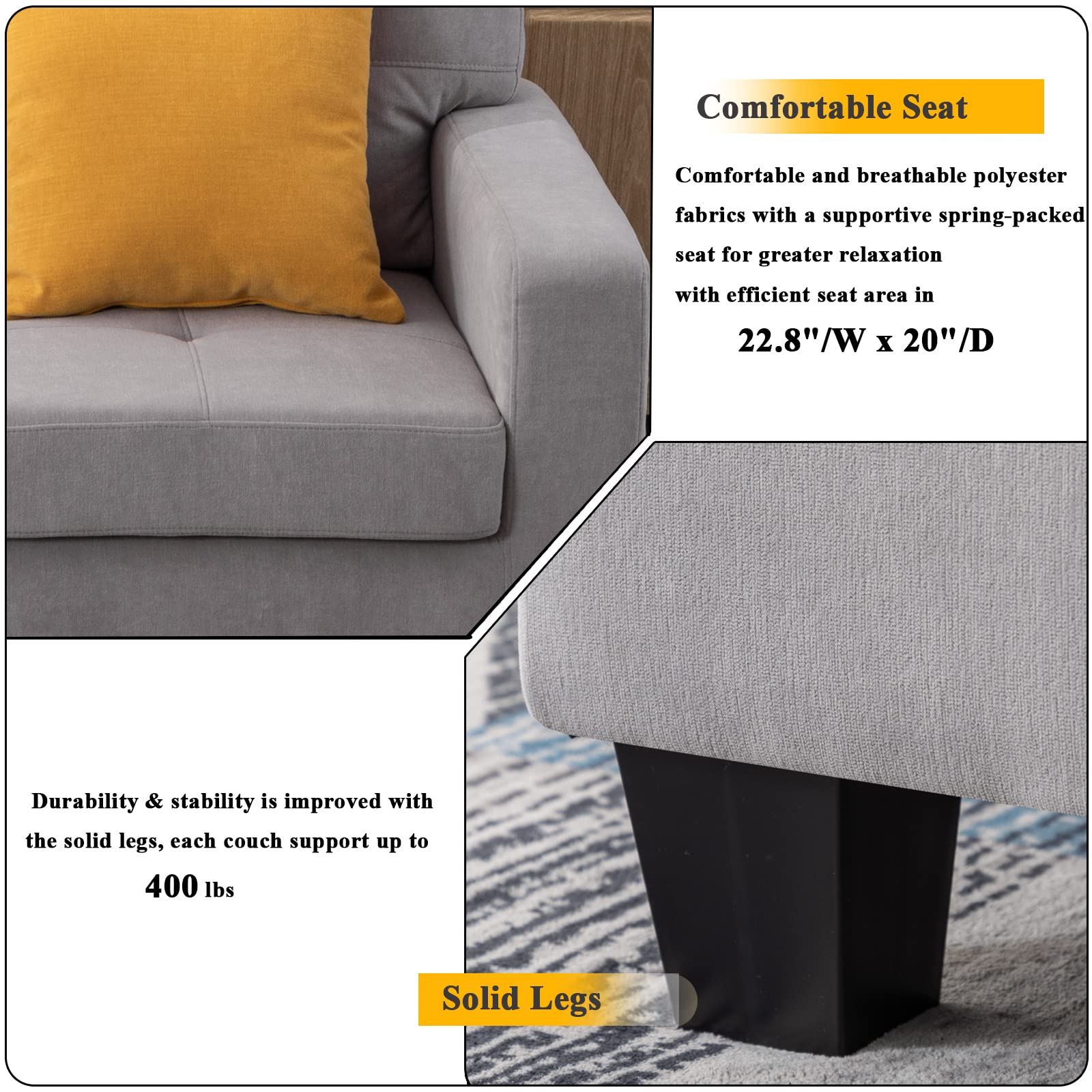 Sunflower Storage Ottoman Foot Stool - Grey Chaise Lounge Section with Hidden Storage for Living Room, Bedroom & Dorm | Perfect for Extra Seating, Footrest & Home Organization