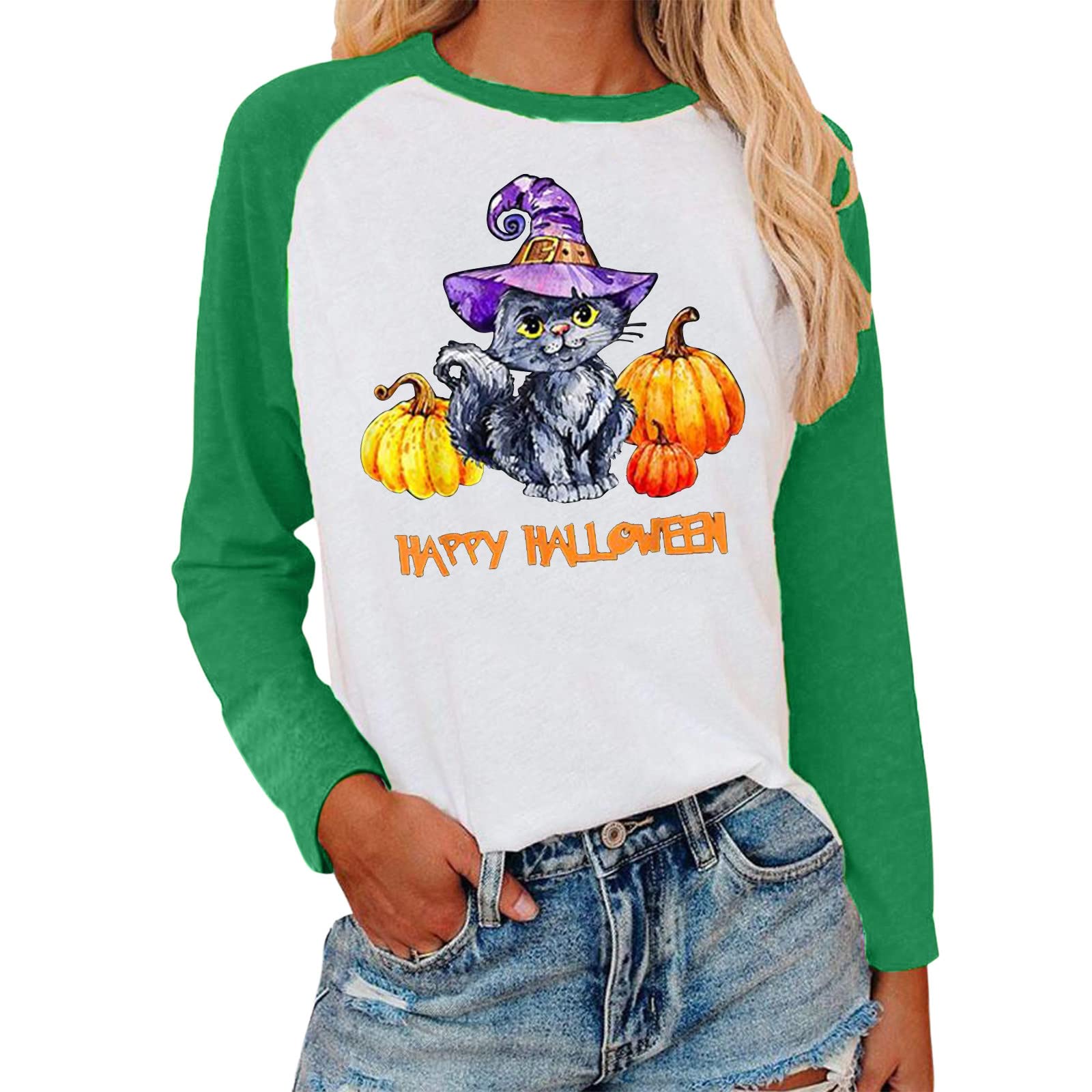 Women's Casual Printed Raglan Long Sleeve T-Shirt - Round Neck Blouse Tunic Top for Everyday Wear, Work & Weekend Outfits