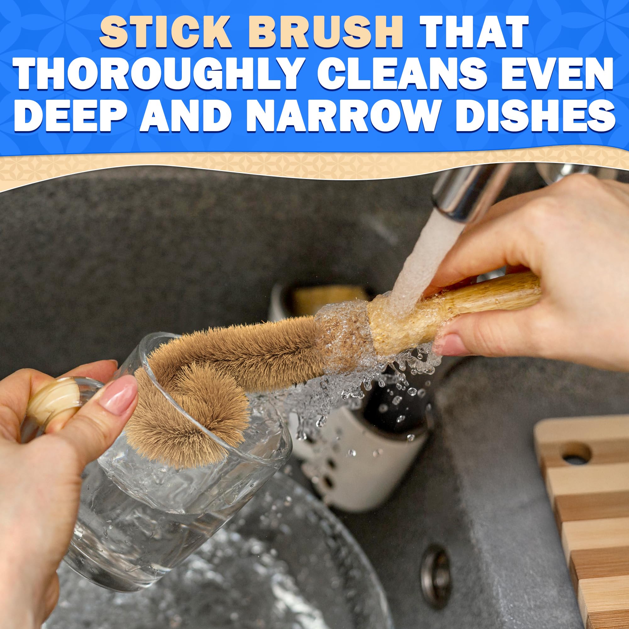 5Pcs Eco-Friendly Bamboo Dish Brush Set - Wooden Scrub Brush for Kitchen, Pots & Pans - Natural Dishwashing Brush with Ergonomic Handle - Perfect for Sustainable Cleaning & Zero Waste Lifestyle