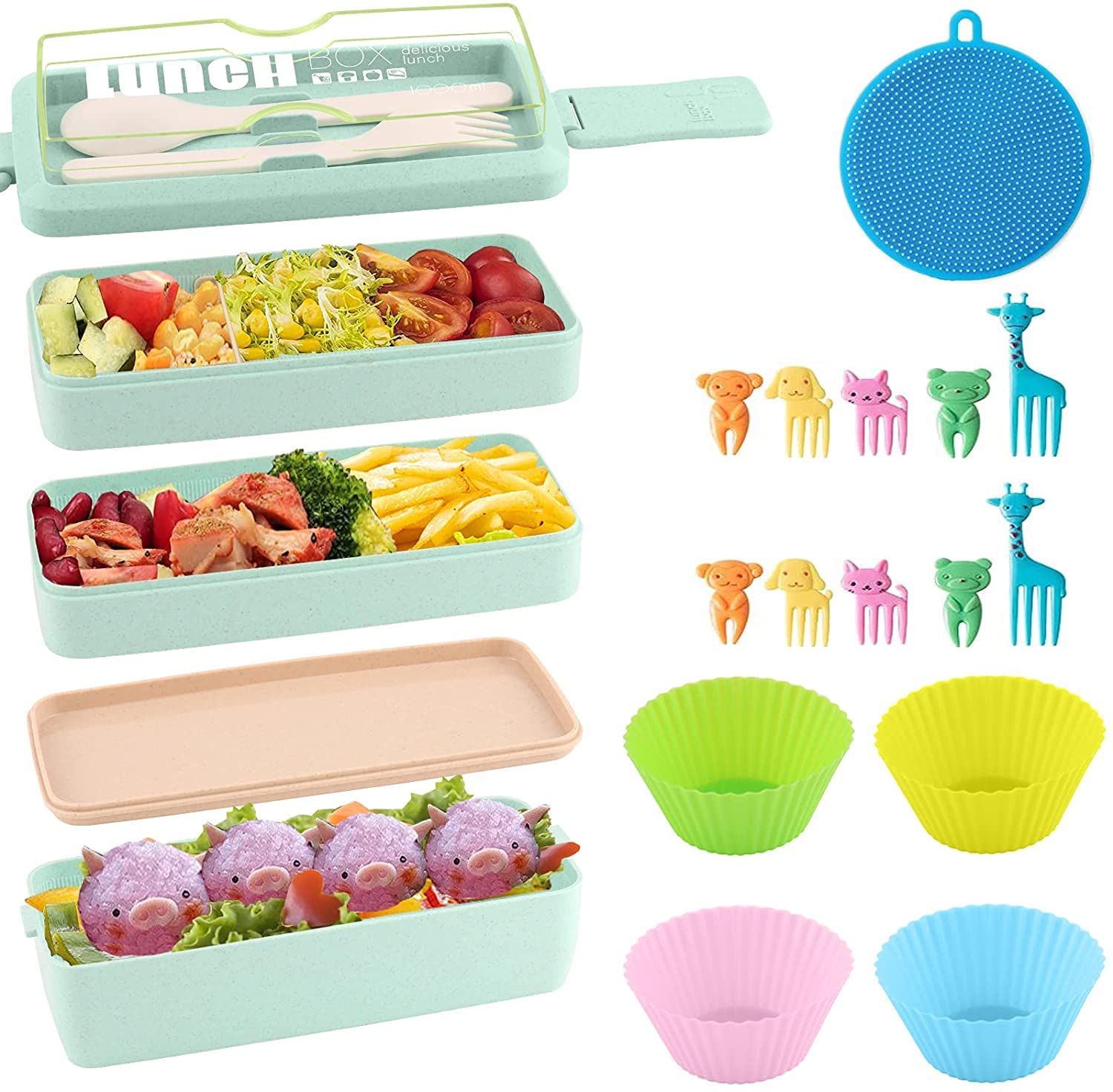 HSUJCYF 17-Piece Japanese Bento Box for Kids - 3-in-1 Compartment 1000ML Leakproof Lunch Container with Spoon & Fork, Microwave Safe & Stackable Meal Prep Box (Green) - Perfect for School Lunches, Picnics & Office Meals