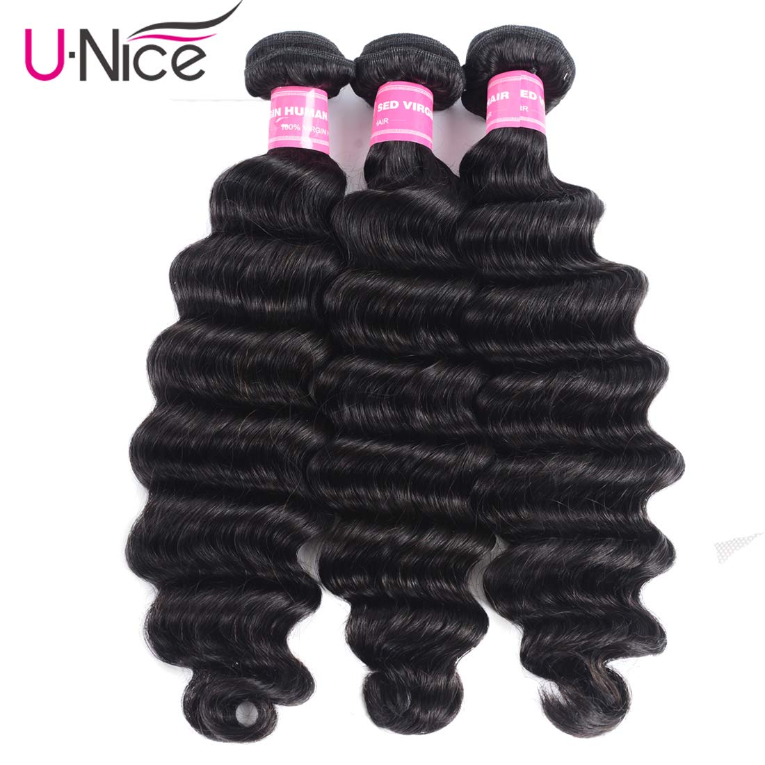 UNice Hair 10A Brazilian Loose Deep Wave Human Hair Extensions - 100% Virgin Unprocessed Wefted Hair 3 Bundles (12 14 16 Inch) - Natural Black Color for Stunning Hairstyles - Perfect for Daily Wear, Parties & Special Occasions