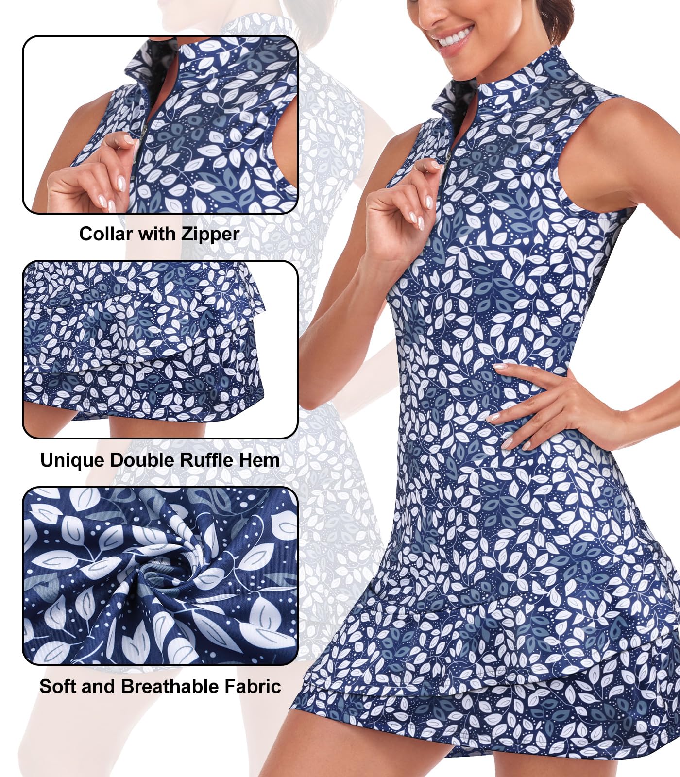 Viracy Women's Sleeveless Tennis Dress with Built-in Shorts & Pockets - Ruffle Zip-Up Stand Collar Golf Outfit for Tennis, Golf & Casual Wear