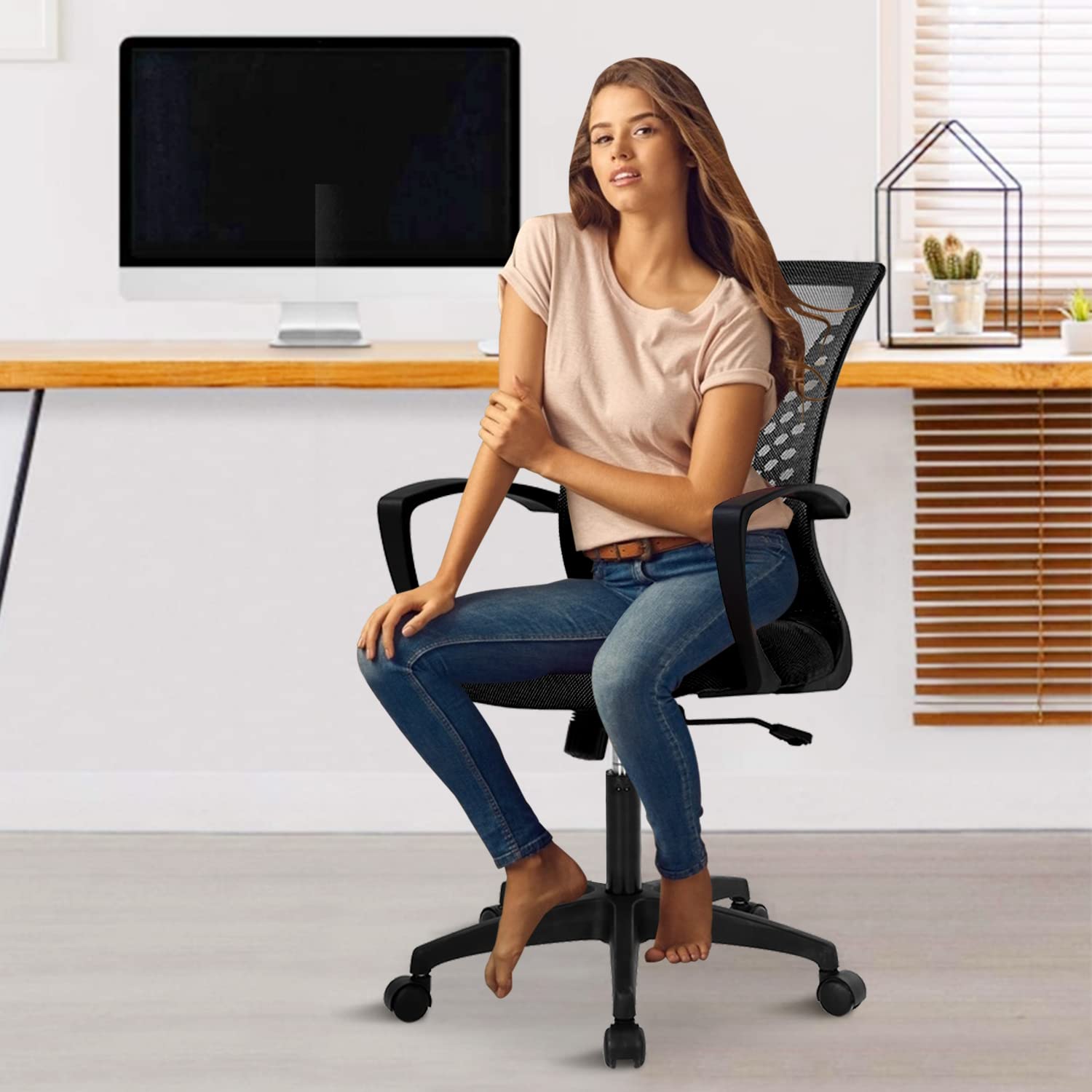 Ergonomic Office Chair for Women - Mid Back Mesh Computer Chair with Adjustable Armrests & Lumbar Support - Breathable Swivel Desk Chair for Home Office, Meeting Room, Gaming & Working - Comfortable & Stylish Silla de Oficina