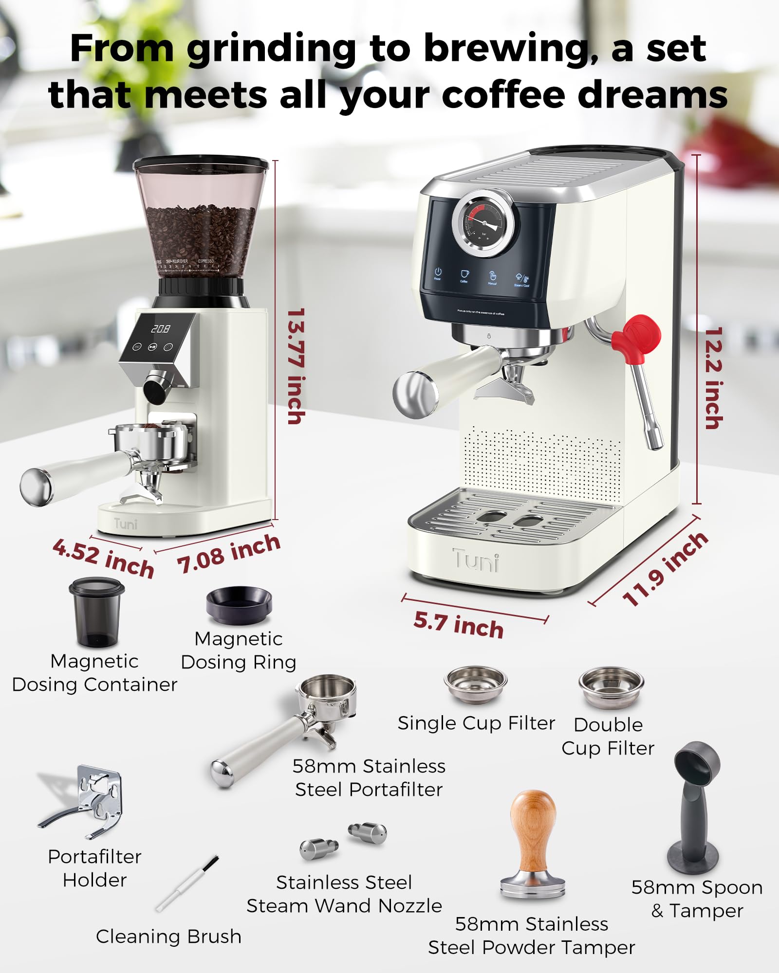 Tuni E2 58mm Espresso Machine & G1 Conical Burr Coffee Grinder Combo - 20Bar Dual Boiler Coffee Maker with 10mm Steam Milk Frother & 48 Grind Settings Anti-static Burr Mill - Perfect for Home Baristas & Coffee Shops