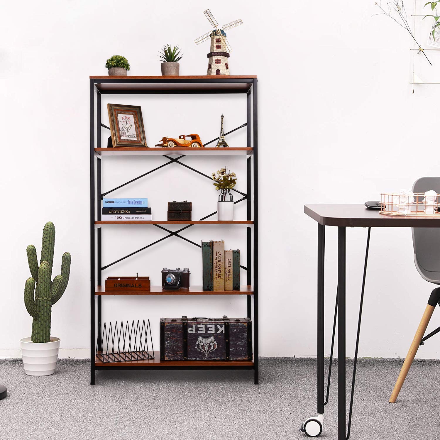 Modern Industrial 4-Tier Tall Bookcase - Open Wood & Metal Bookshelf for Home Office, Living Room, Bedroom - Wide Storage Shelf Unit for Books, Decor & Organizing