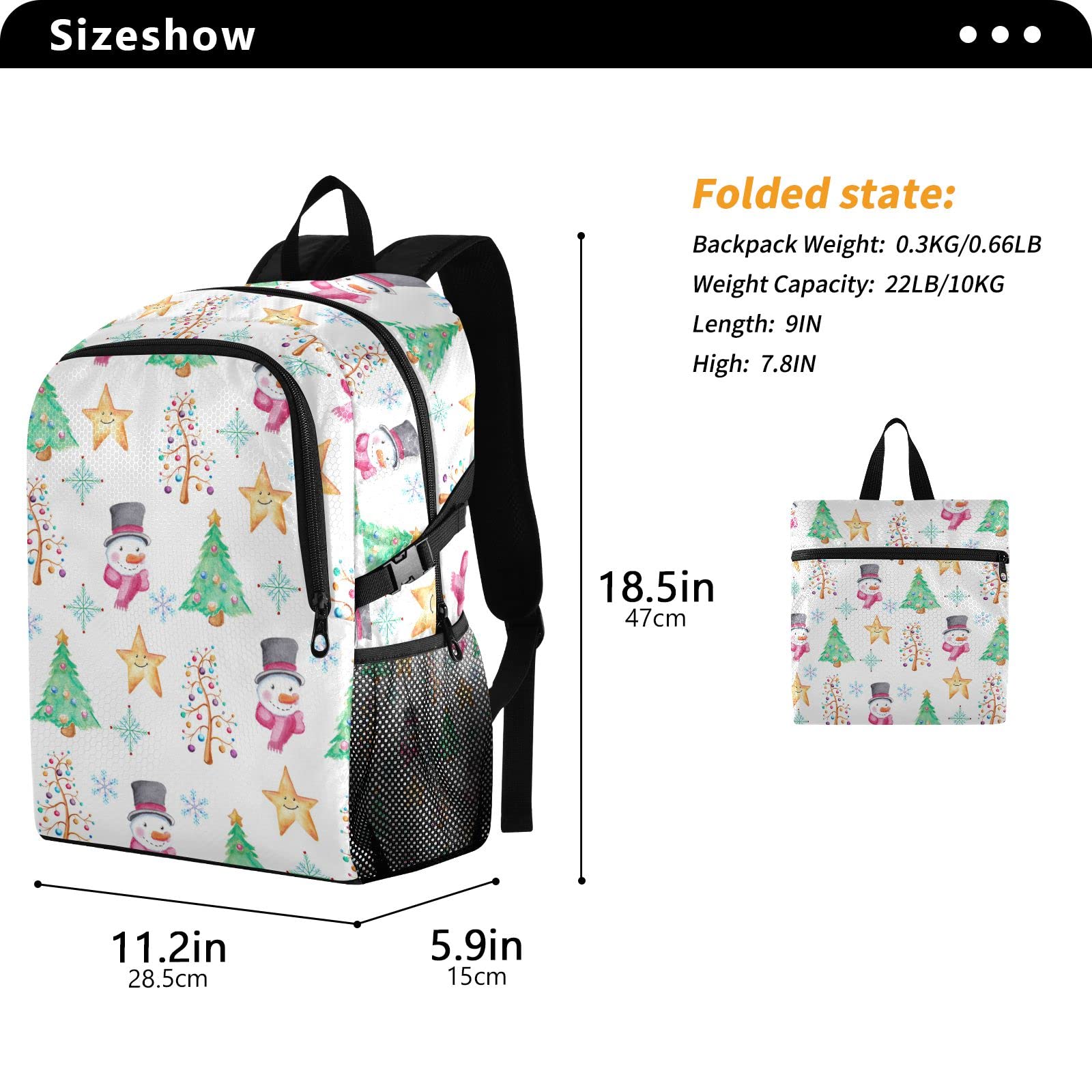 Waterproof 20L Lightweight Packable Backpack for Hiking, Travel & Outdoor Activities - Christmas Snowman Stars Design | Perfect for Camping, Day Trips & Holiday Adventures