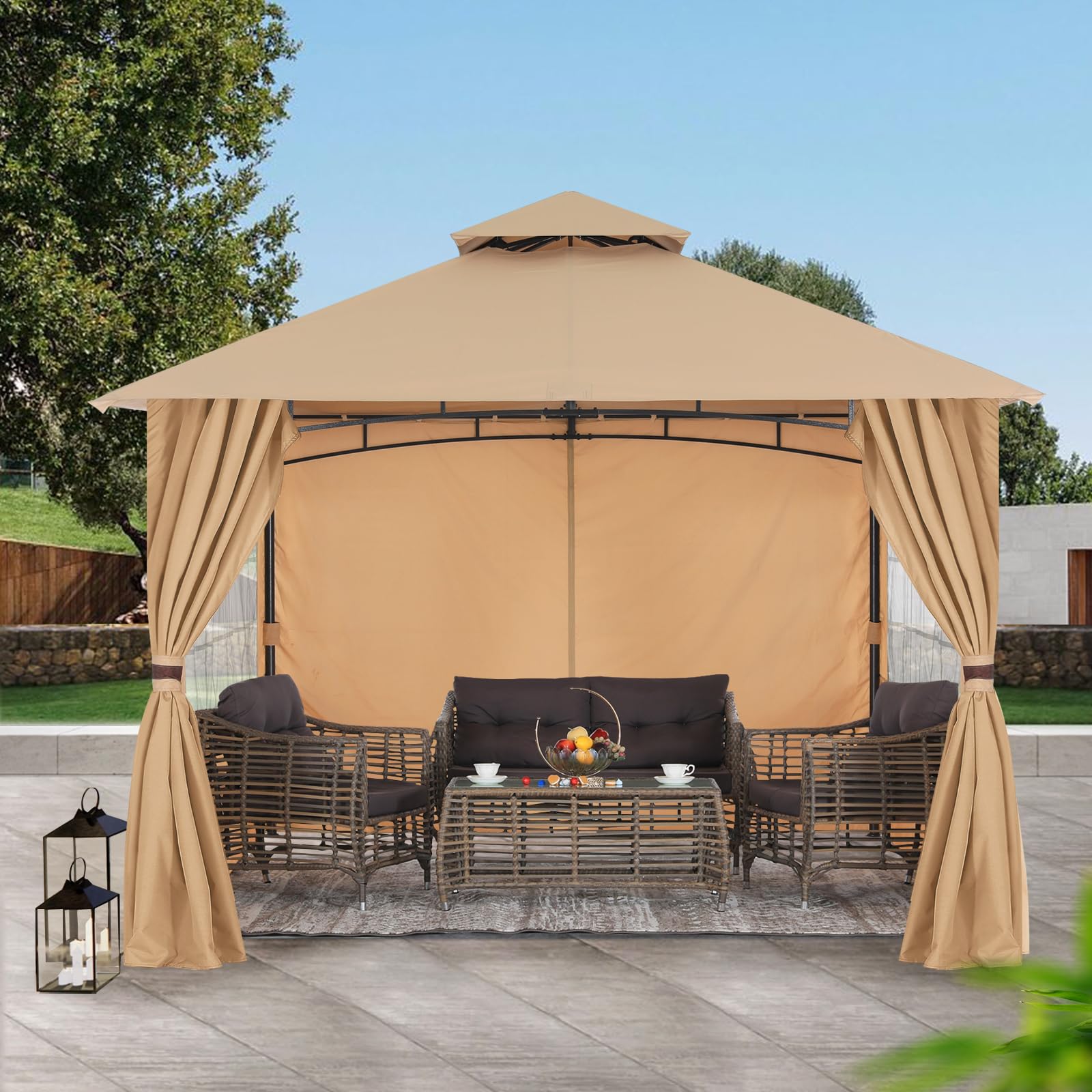 MASTERCANOPY 10x12 Beige Patio Gazebo with Steel Frame & Windows Curtains - Outdoor Canopy Tent for Backyard, Garden, and Poolside Relaxation