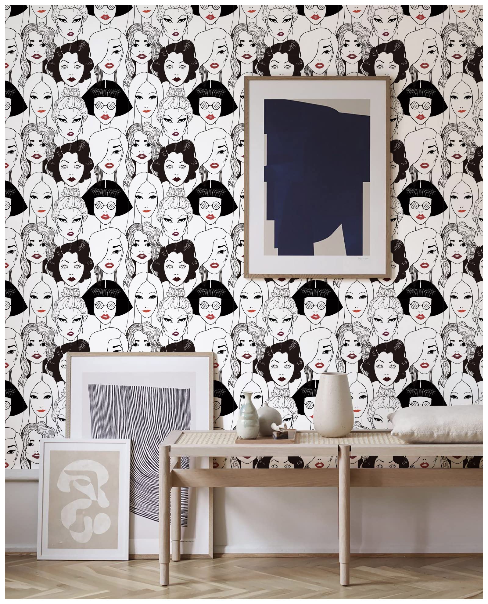 HAOKHOME Modern Peel and Stick Wallpaper - Black/White/Red Lips Design - Removable Self-Adhesive Vinyl Contact Paper 17.7in x 9.8ft - Perfect for Bedroom, Living Room, Office & Dorm Decor
