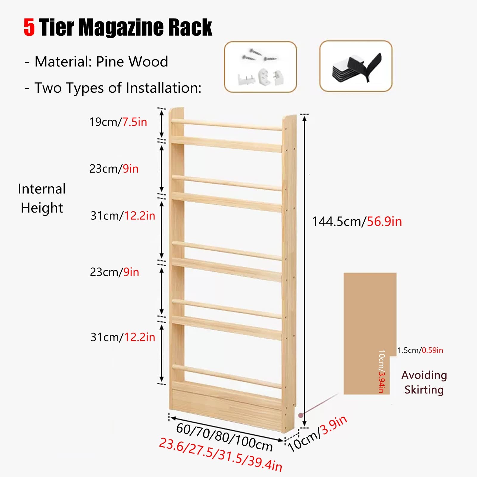 Wooden Floor Standing Magazine Rack - Space Saving Brochure Holder for Home & Office - Organize Books, Newspapers, Tablets in Corners (80x144.5cm/31.5x56.9in) - Perfect for Living Rooms, Waiting Areas & Reception Spaces