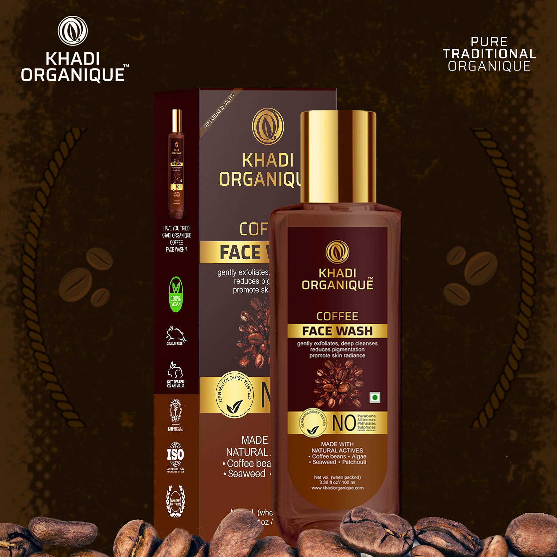Khadi Organique Coffee Face Wash for Glowing Skin - Natural & Organic Facial Cleanser for Brightening & Radiance | Perfect for Morning Skincare Routine & Detoxifying Skin