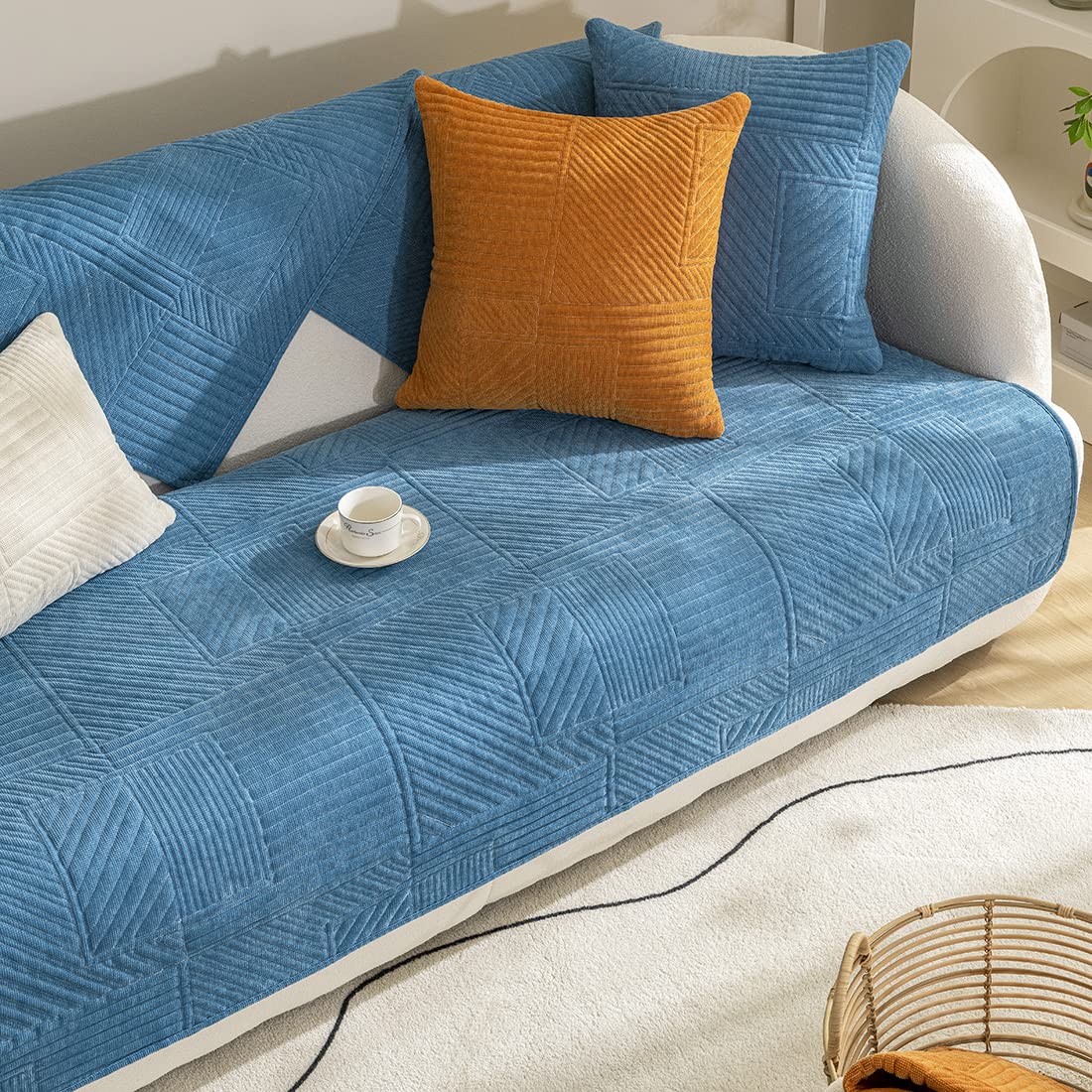 VCTOPS Soft Quilted Corduroy Sofa Cover - Non-Slip Sectional Couch Slipcover for Pets (Dogs & Cats) - Fits L-Shaped Leather Couches, Recliners & Love Seats - Includes Armrest & Backrest Protection (Blue, 43