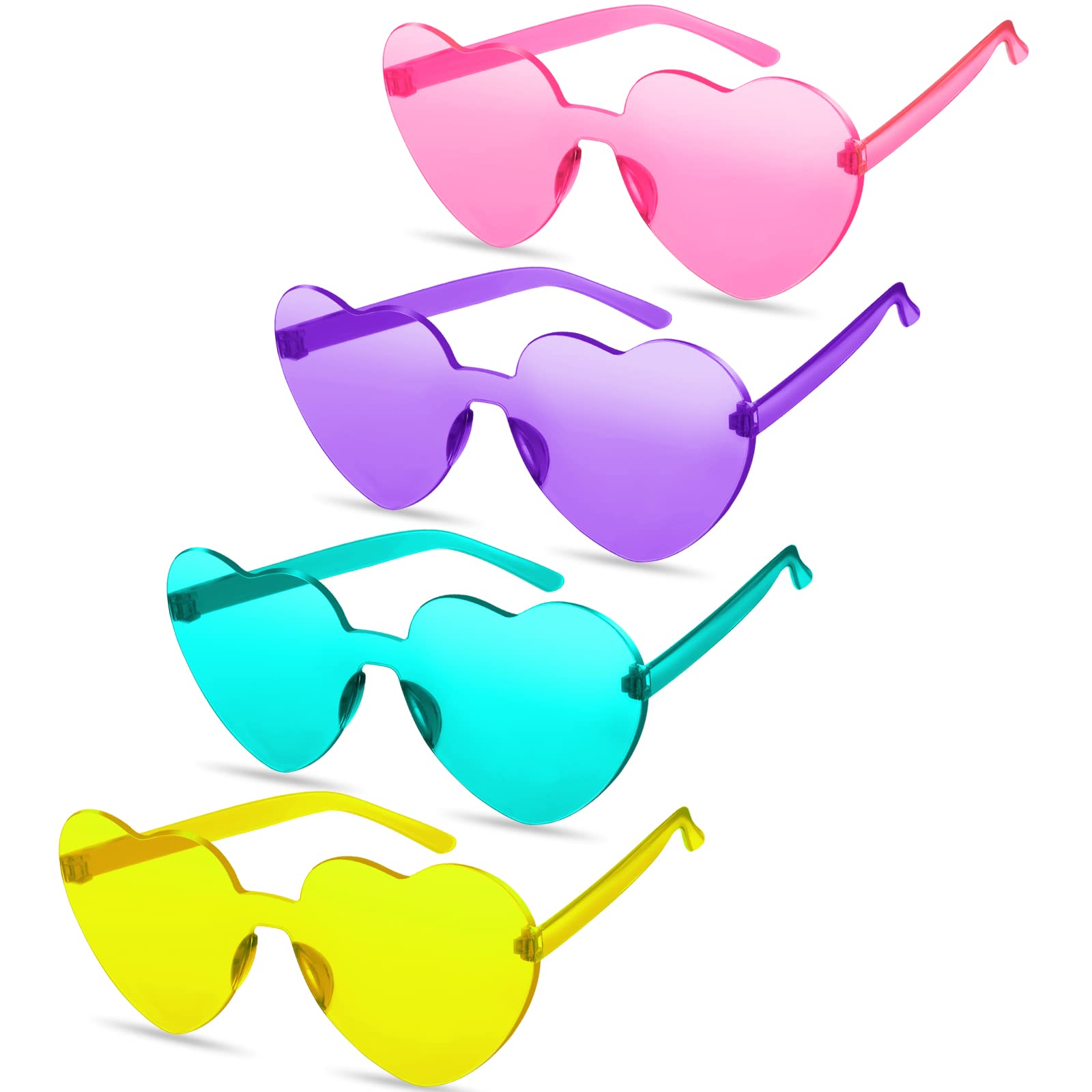 TOODOO 4 Pack Heart Shaped Sunglasses - Rimless Candy Colored UV Protection Glasses for Women & Men - Valentine's Day, Halloween Party, Festival & Cosplay Accessories - Perfect for Photoshoots, Music Festivals & Beach Outings