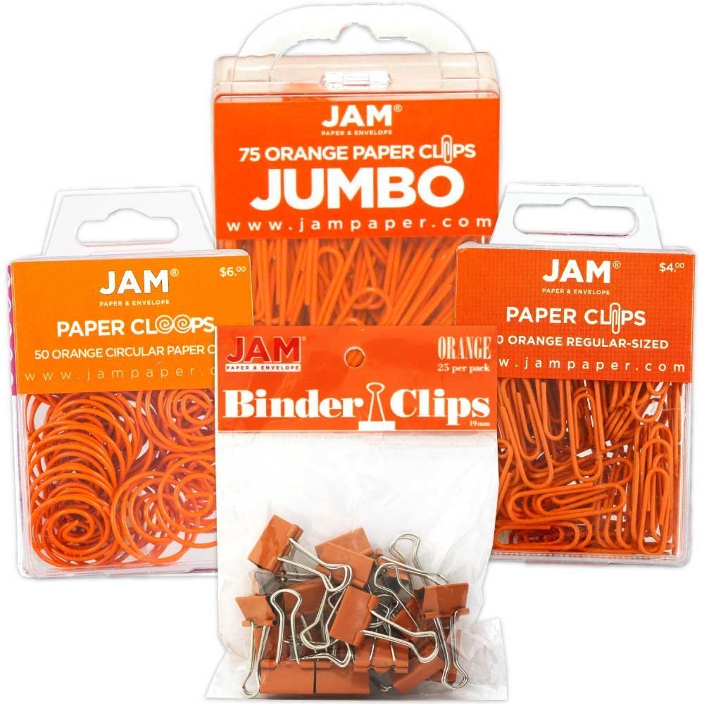 JAM PAPER Office Clip Assortment - 1 Binder Clip, 1 Round Paper Cloop, 2 Paper Clips (Regular & Jumbo) - 4-Pack Orange - Perfect for Organizing Documents, School Supplies, and Office Work