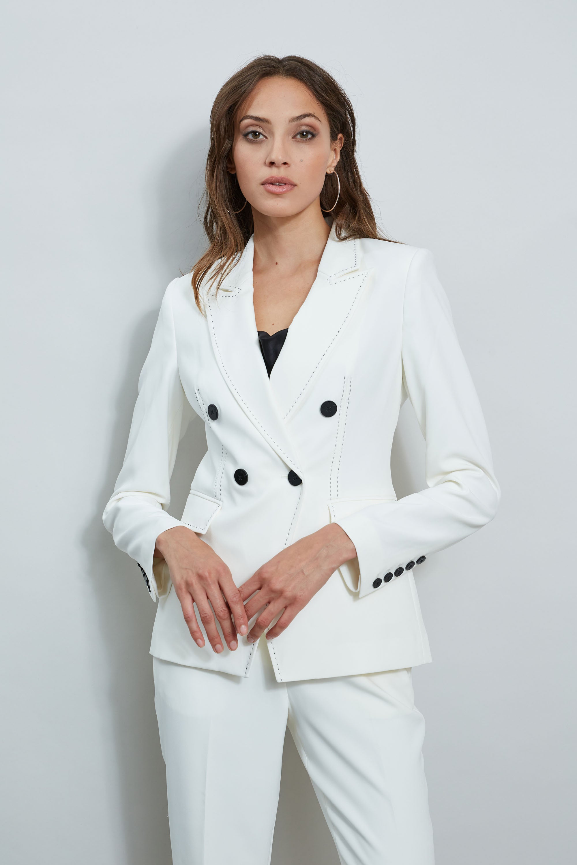 Stylish Women's Stitch Double Breasted Blazer Jacket - Elegant Formal Office Wear & Business Casual Outfits for Professional Women