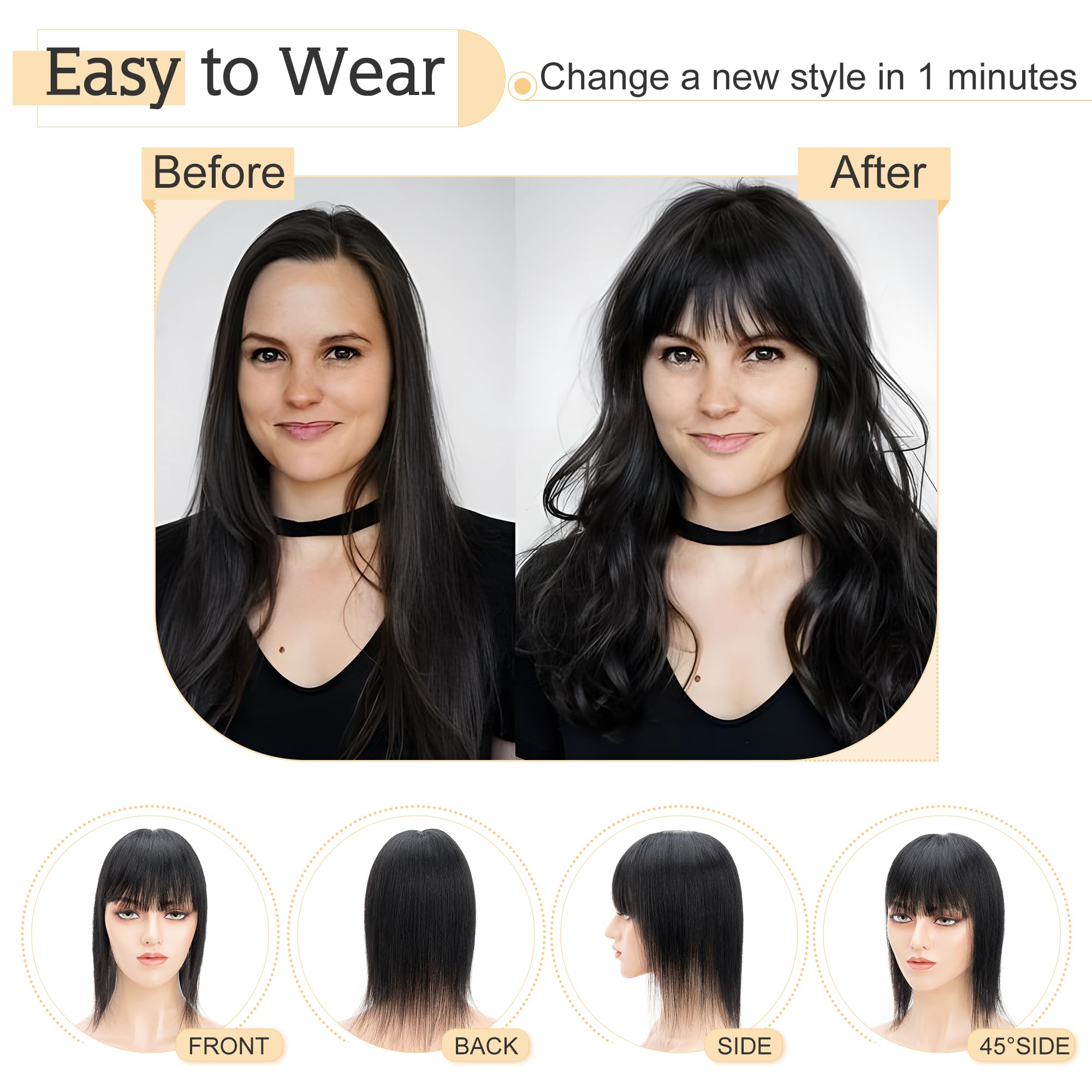 SEGO Real Human Hair Toppers for Women with Bangs - 7x13cm Silk Base, 100% Remy Human Hair Clip-in Top Wiglet for Thinning Hair (18 Inch, Jet Black) - Perfect for Daily Wear, Special Occasions & Hair Volume Enhancement