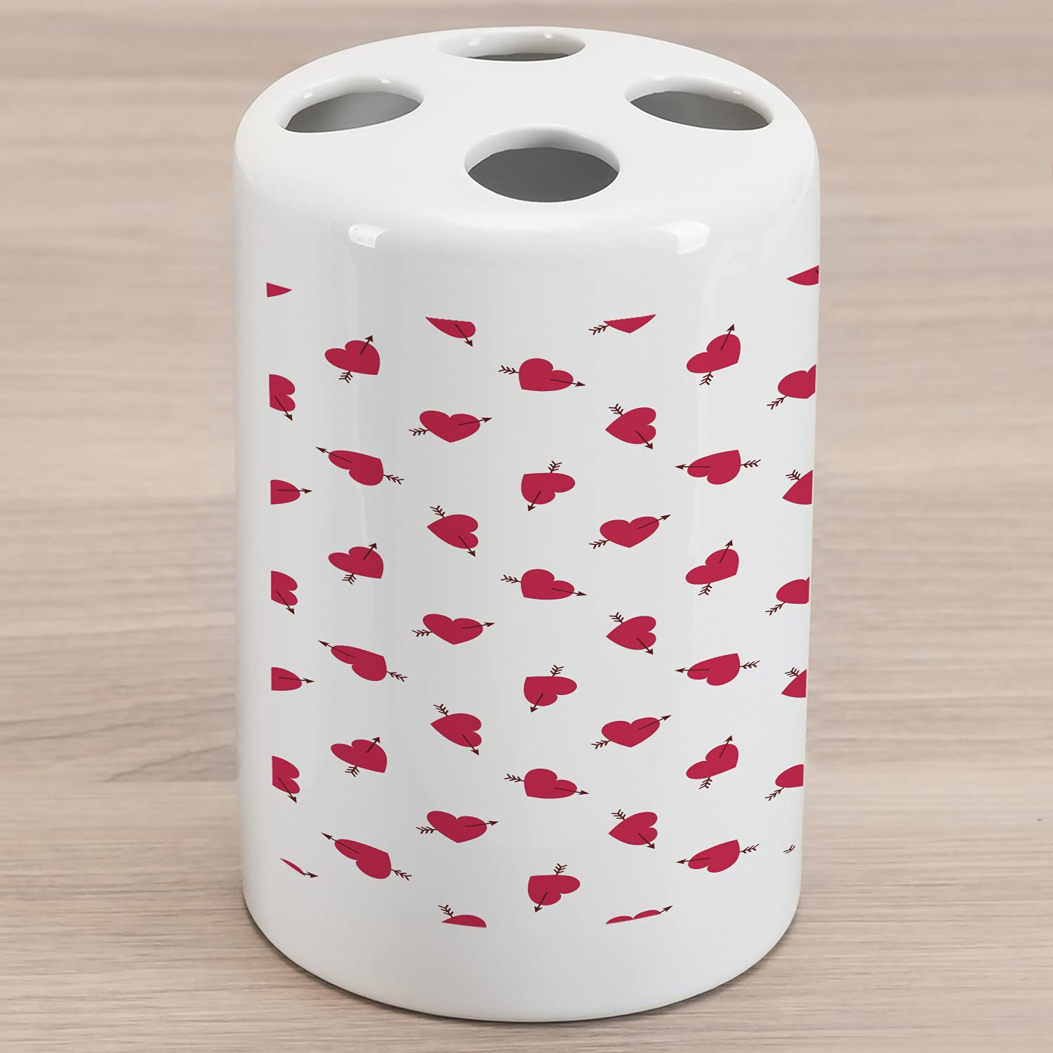 Ambesonne Valentine's Day Ceramic Toothbrush Holder - Romantic Cartoon Hearts with Arrows Design, Dark Coral Brown & White Bathroom Decor (4.5