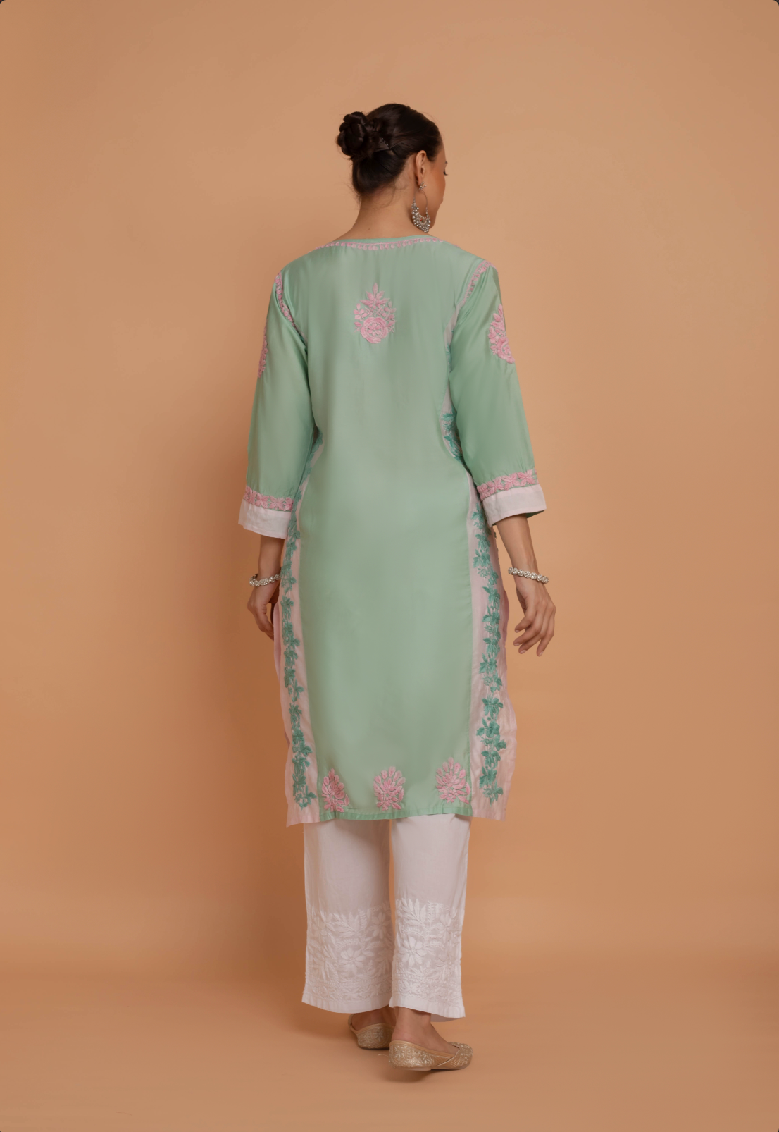 Elegant Saba Chikankari Embroidered Kurta in Premium Chanderi Silk - Sea Green & Pink | Perfect for Festivals, Weddings & Special Occasions