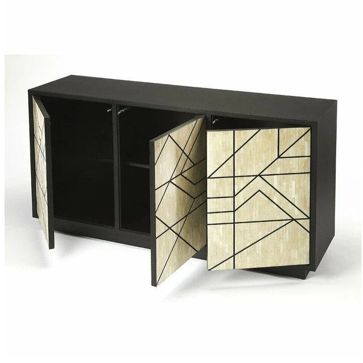 Handmade Bone Inlay Marcello Geometric Design Sideboard Cabinet with Two Doors - Stylish Storage for Living Room, Dining Room or Entryway