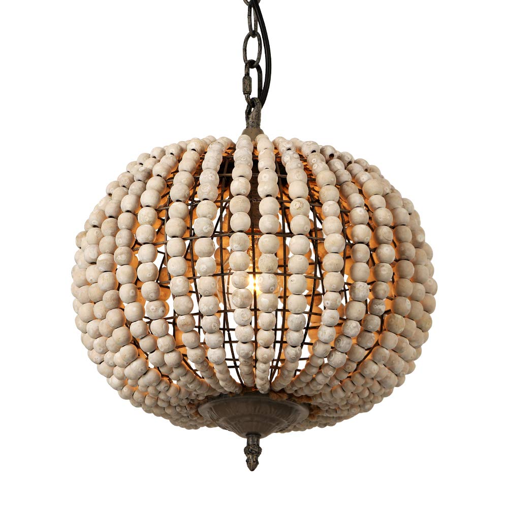 Newrays Wood Bead Chandelier Pendant Light - Gray & White Bohemian Ceiling Lamp for Bedroom, Dining Room & Living Room | Boho Beachy Decor Globe Fixture Perfect for Coastal, Farmhouse & Vintage Style Homes