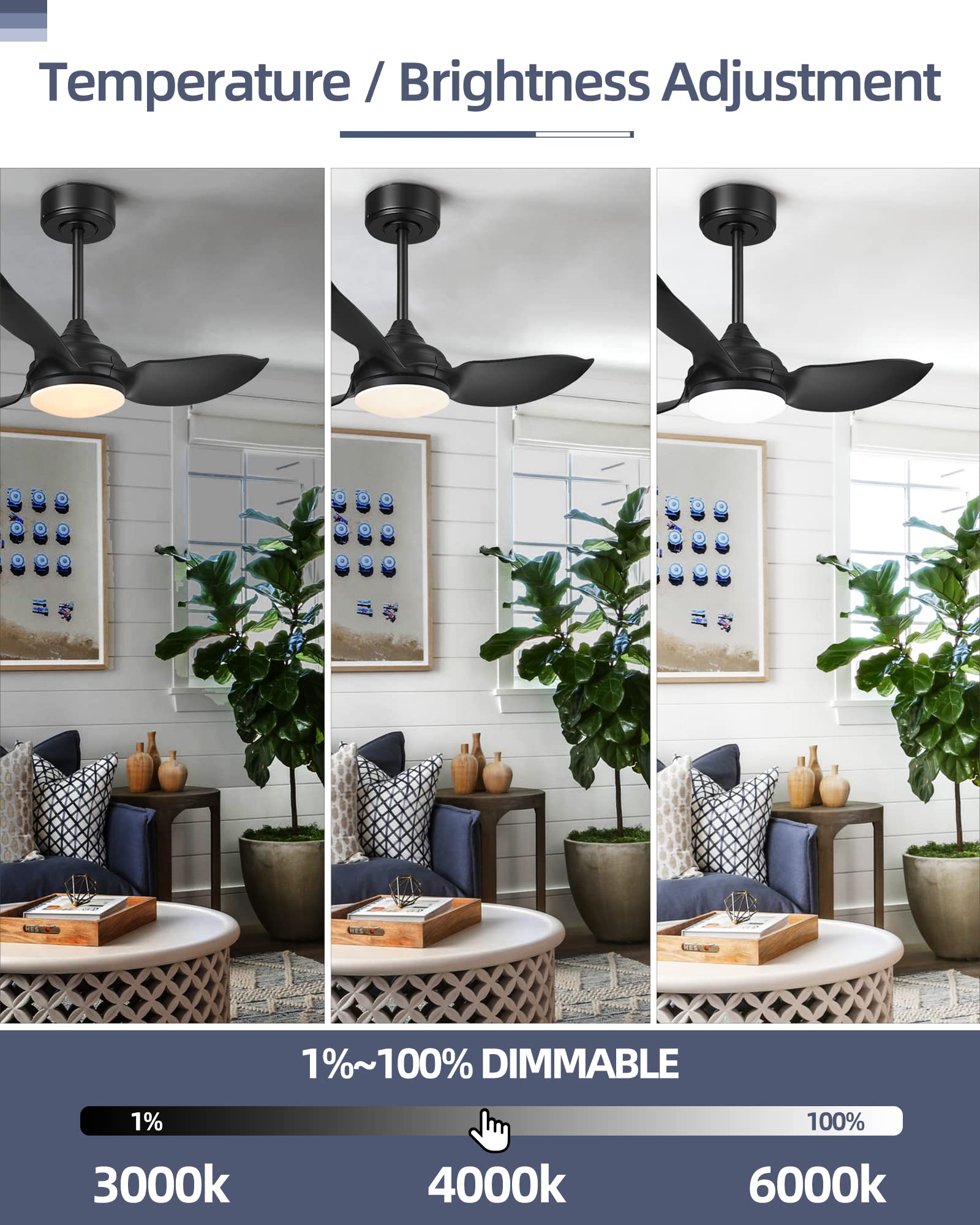 YOUKAIN 30 Inch Black Ceiling Fan with Lights and Remote Control, LED Indoor Outdoor Ceiling Fan with 3 Reversible Blades - Perfect for Bedroom, Kitchen, Living Room, Patio and Covered Porch - Energy Efficient Cooling Solution for Home and Office Spaces