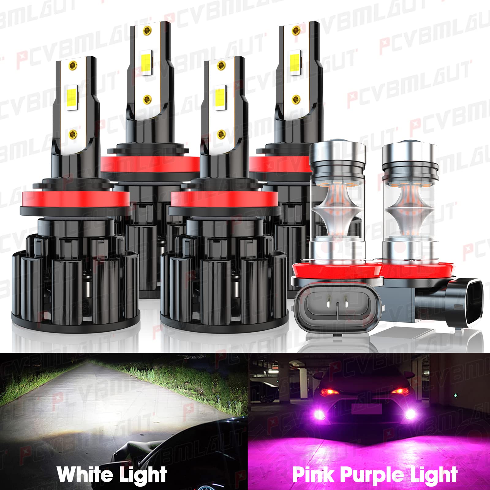 H11 LED Headlight Bulbs Kit - 60W White High/Low Beam & 160W Pink Purple Fog Lights - IP67 Waterproof, Plug and Play (6 Pack) - Perfect for Night Driving, Off-Roading, and All-Weather Conditions