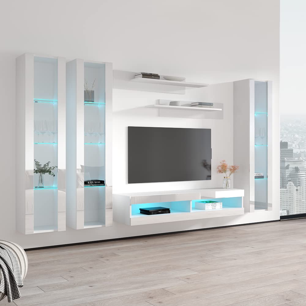 Modern Floating TV Stand with Storage & LED Lights - Wall-Mounted Entertainment Center Console for Bedroom & Living Room - White Meble Furniture Fly CD2 34TV Stand - Perfect for Small Spaces & Home Theater Setup