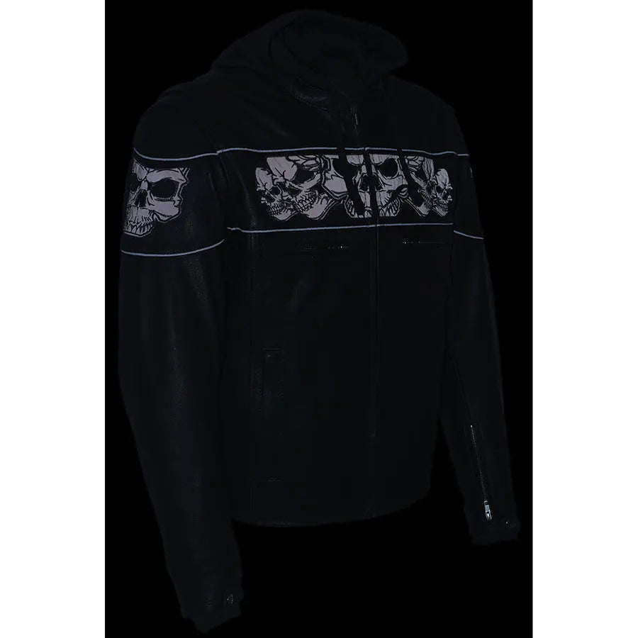 Milwaukee Leather Men's Crossover Scooter Jacket with Reflective Skulls & Removable Hood - Motorcycle Riding, Urban Fashion, Winter Outerwear