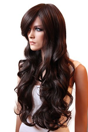 CAISHA Voluminous Long Synthetic Wavy Wig - Heat Resistant Dark Brown Cosplay Hair (FP712a) | Perfect for Halloween, Costume Parties & Anime Conventions