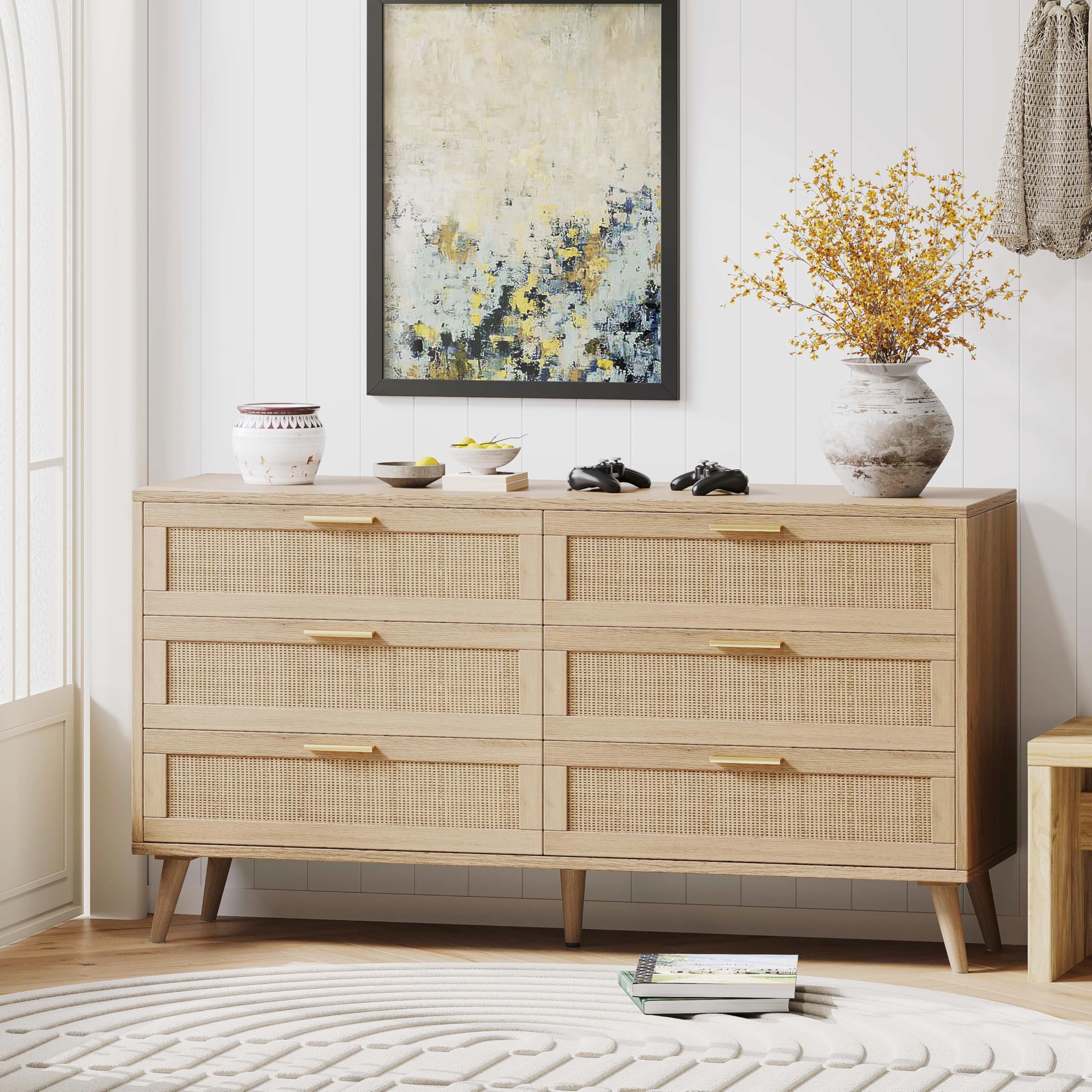 Rovaurx 6-Drawer Double Dresser for Bedroom - Modern Rattan Wooden Chest with Gold Handles, Storage Organizer for Closet, Living Room & Entryway - Natural Finish | Perfect for Bedroom Storage, Guest Room Furniture & Home Organization