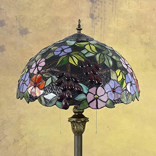 Tiffany Style Floor Lamp with Stained Glass & Flower Grape Design - Rustic Umbrella Shaped 2-Light Floor Lamp for Living Room, Bedroom, or Office Decor