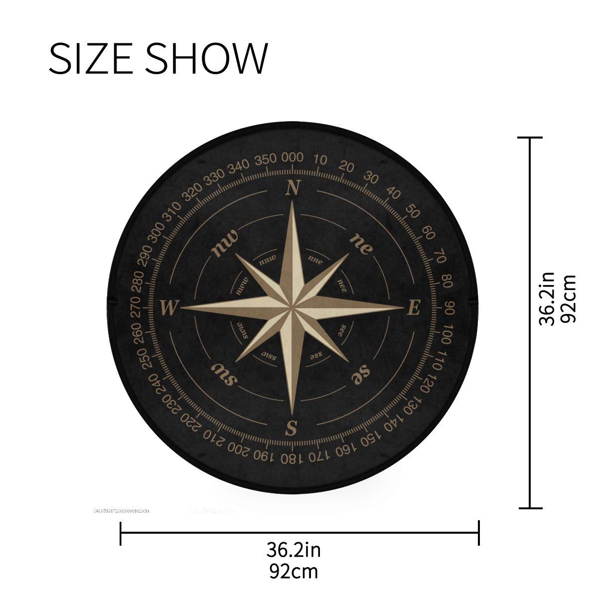 ALAZA Compass Rose Black Round Area Rug 3' Diameter (92 cm) - Soft Non-Slip Floor Mat for Living Room, Bedroom, Nursery & Office Decor