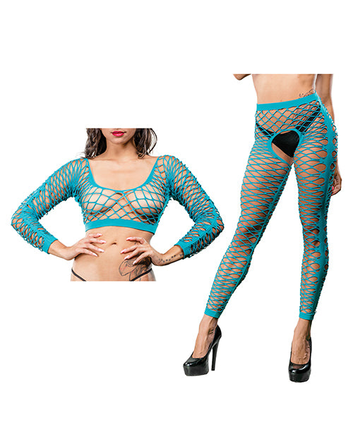Beverly Hills Naughty Girl Crotchless Mesh Leggings - Sexy Front & Side Cutout Design in Turquoise, One Size - Perfect for Lingerie, Role Play & Sensual Nights
