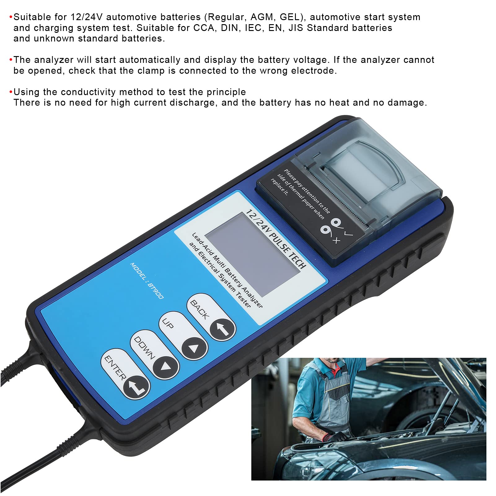 12V/24V Car Battery Tester BT900 - Digital LCD Battery Analyzer with Printer for Vehicle Charging System | Automotive Battery Health Check | Perfect for Mechanics, DIY Car Maintenance & Fleet Management