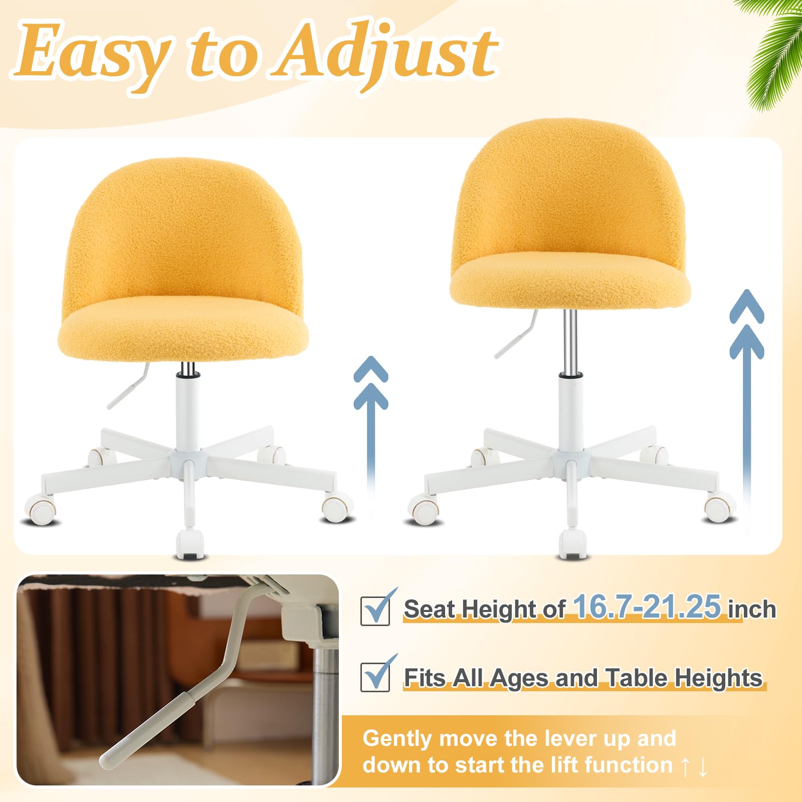 VINGLI Adjustable Swivel Office Chair with Wheels - Cute Armless Desk Chair for Home Office, Bedroom & Vanity - Ergonomic Lumbar Support, Rolling Computer Task Chair in Sunny Egg Yellow - Perfect for Small Spaces & Cozy Workspaces