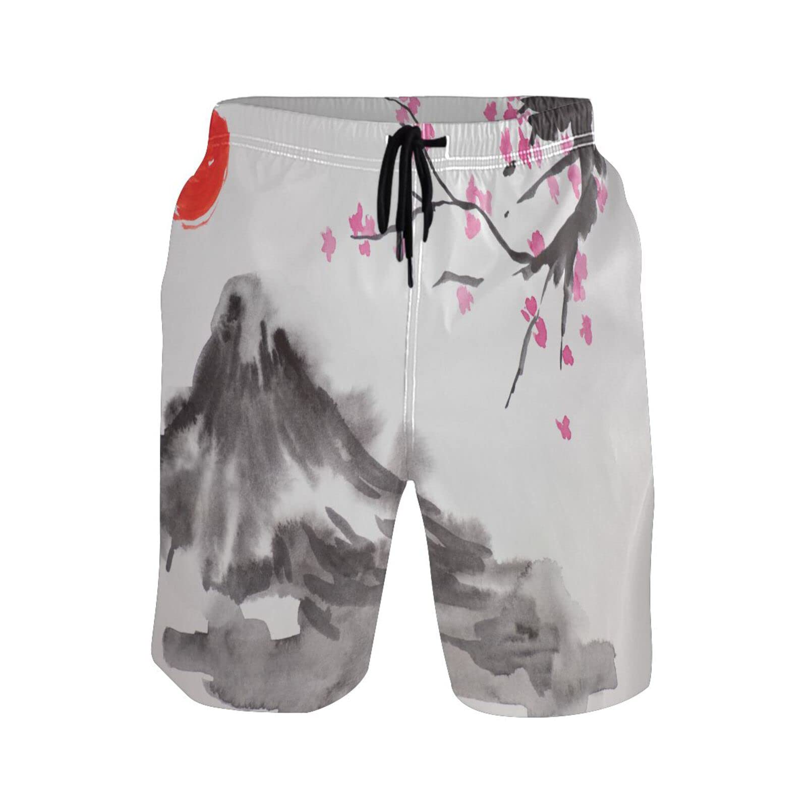 Men's Quick Dry Swim Trunks - Mountain Painting Sun Hill Sakura Print Beach Shorts for Swimming, Surfing & Summer Vacation | Lightweight Bathing Suits with UPF Protection