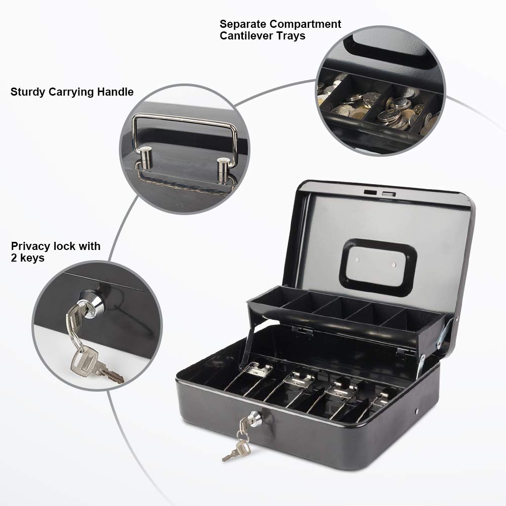 KYODOLED Large Locking Cash Box with Key - 11.81 x 9.45 x 3.54 Inch Black Money Safe Box with Removable Cash Tray - Secure Money Organizer for Home, Office, Retail Store & Business Use