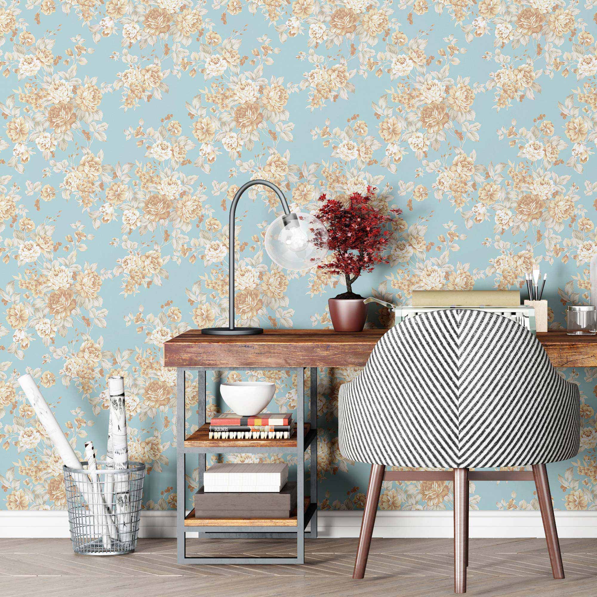 Blue Flowers Peel and Stick Removable Wallpaper 9348 - Self-Adhesive Decorative Wall Covering for Bedroom, Living Room, Nursery & Office Decor