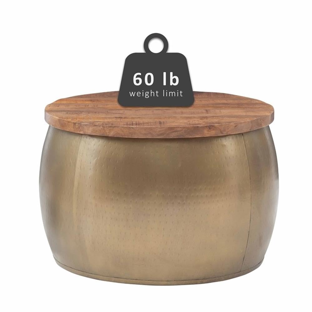 Pemberly Row Modern Large Wood and Metal Drum Side Table with Storage in Brass - Perfect for Living Room, Bedroom, or Office Decor