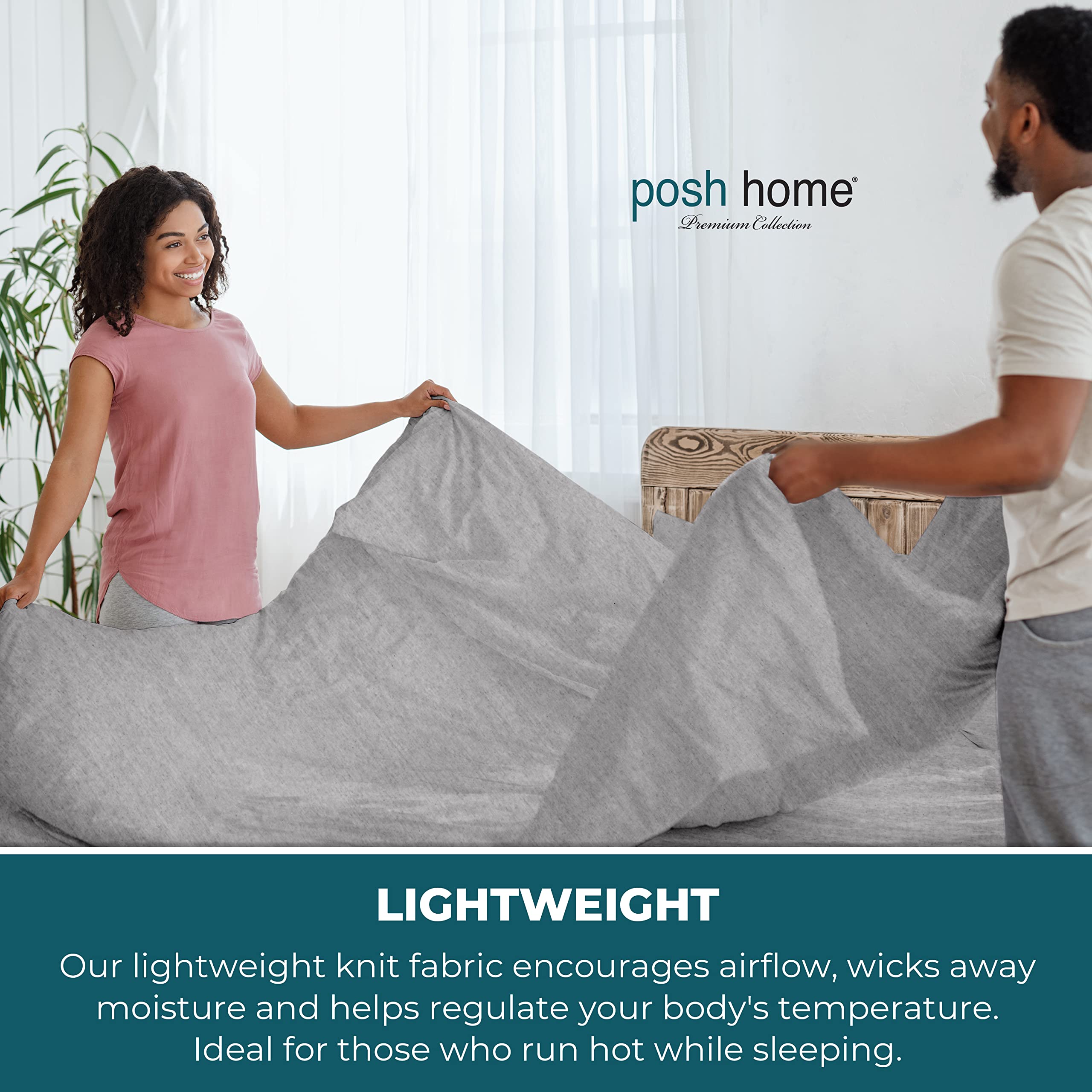 Posh Home Jersey Knit Sheet Set - 4-Piece Soft & Breathable Cotton Bed Sheets - Includes Flat Sheet, Fitted Sheet & 2 Pillowcases - King Size, Ashen Gray - Perfect for Cozy Nights & Comfortable Sleep