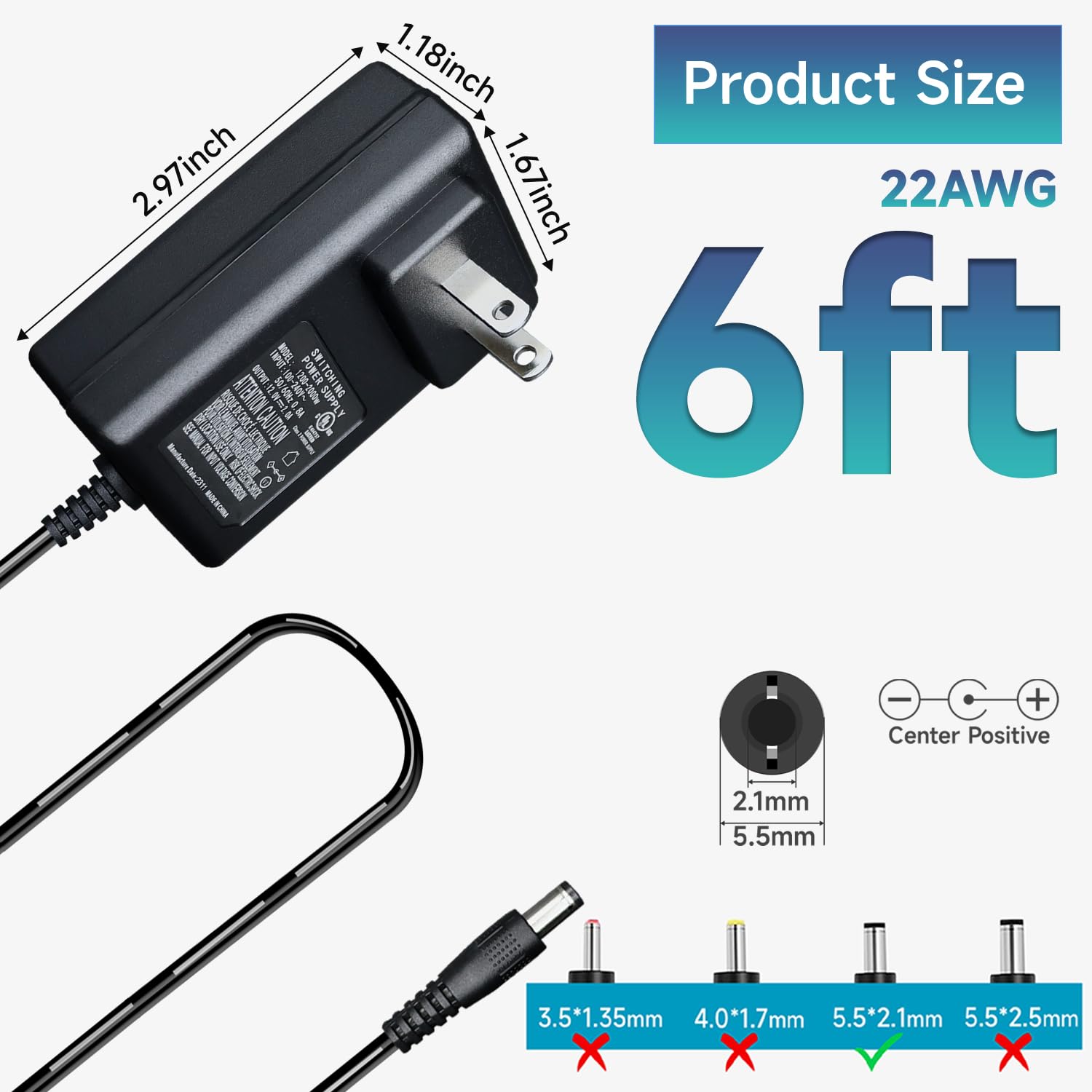 12V 2A 6ft Power Adapter, 100-240V AC to DC 24W Switching Power Supply for LED Strip Lights, Keyboard, Bluetooth Speaker, Router, Monitor, Webcam, DVR, NVR, CCTV Camera - UL FCC Certified - Perfect for Home Office & Security Systems
