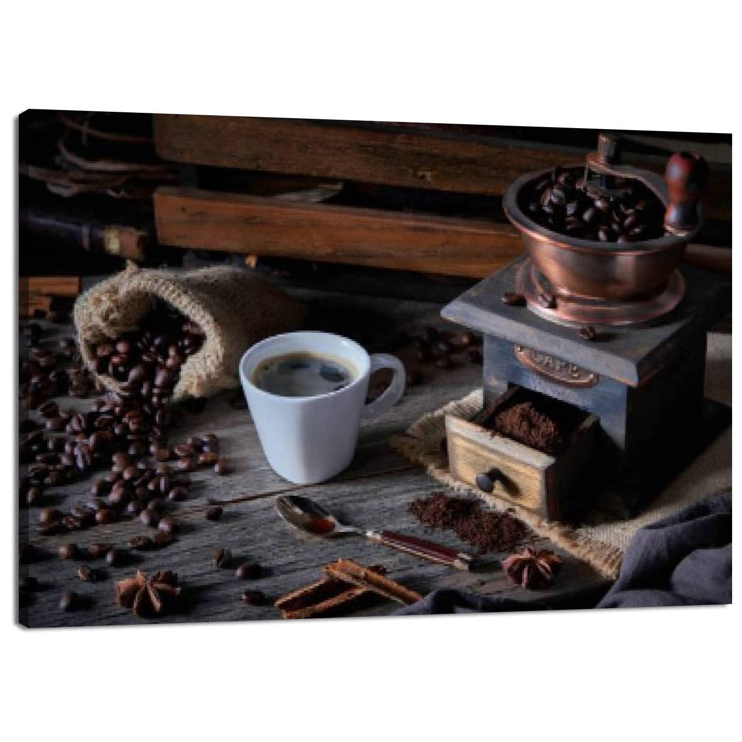 Skipvelo Vintage Coffee Canvas Wall Art - 20x30 Inch Espresso Cup & Grinder Painting, Roasted Beans Poster, Ready to Hang Home Decor for Living Room, Bedroom, Dining Room | Perfect for Coffee Lovers & Cafe Style Interior Design