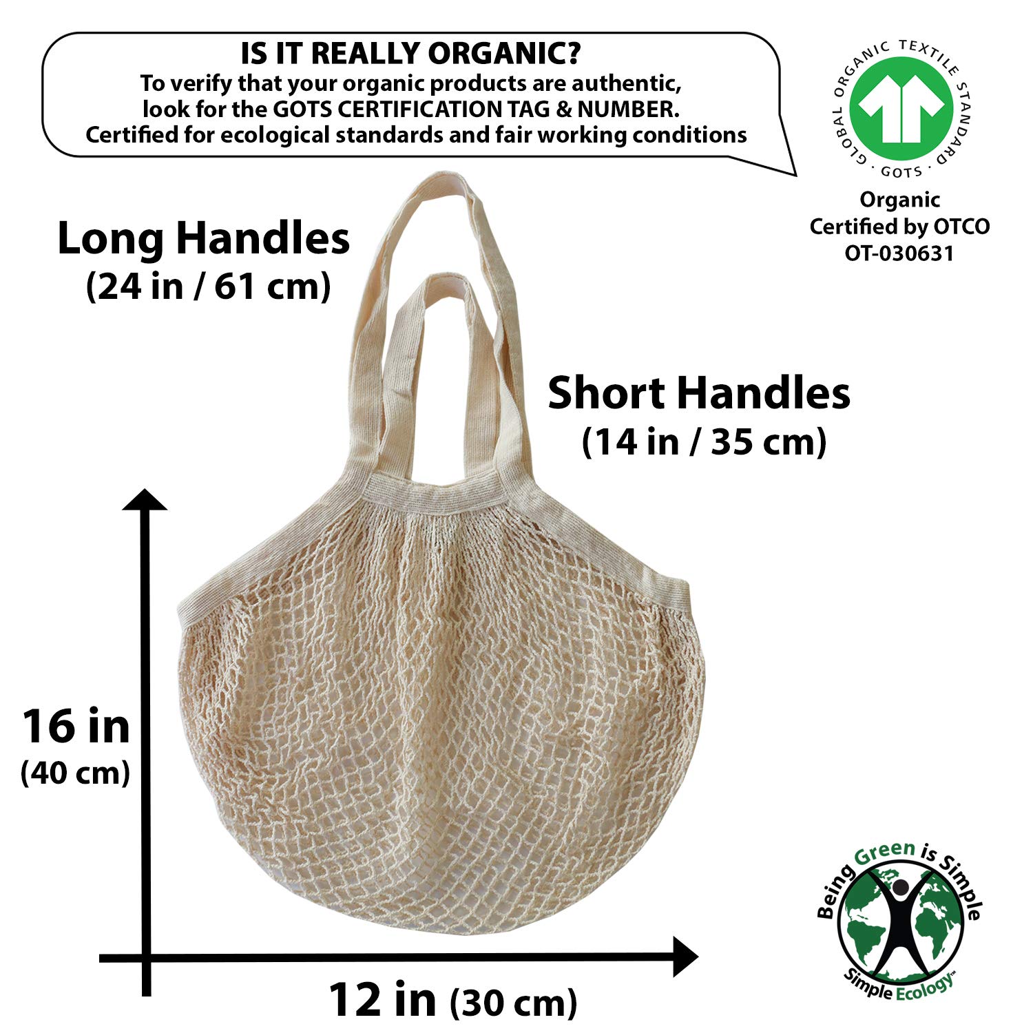 Organic Cotton Heavy Duty Double Handle String Bag - Durable Reusable Shopping Tote for Groceries, Beach & Farmers Market