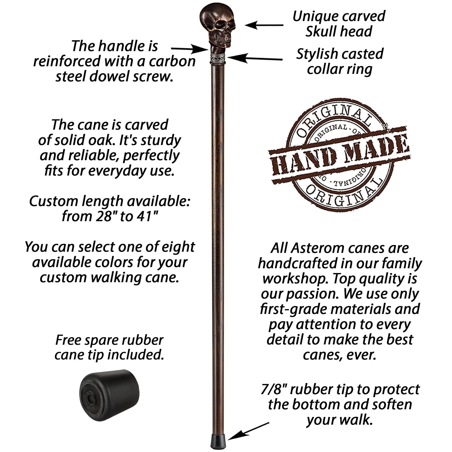 Handcrafted Gothic Skull Walking Cane for Men - Premium Wooden Walking Stick with Intricate Carvings - Perfect for Cosplay, Halloween Costumes & Fashion Accessories